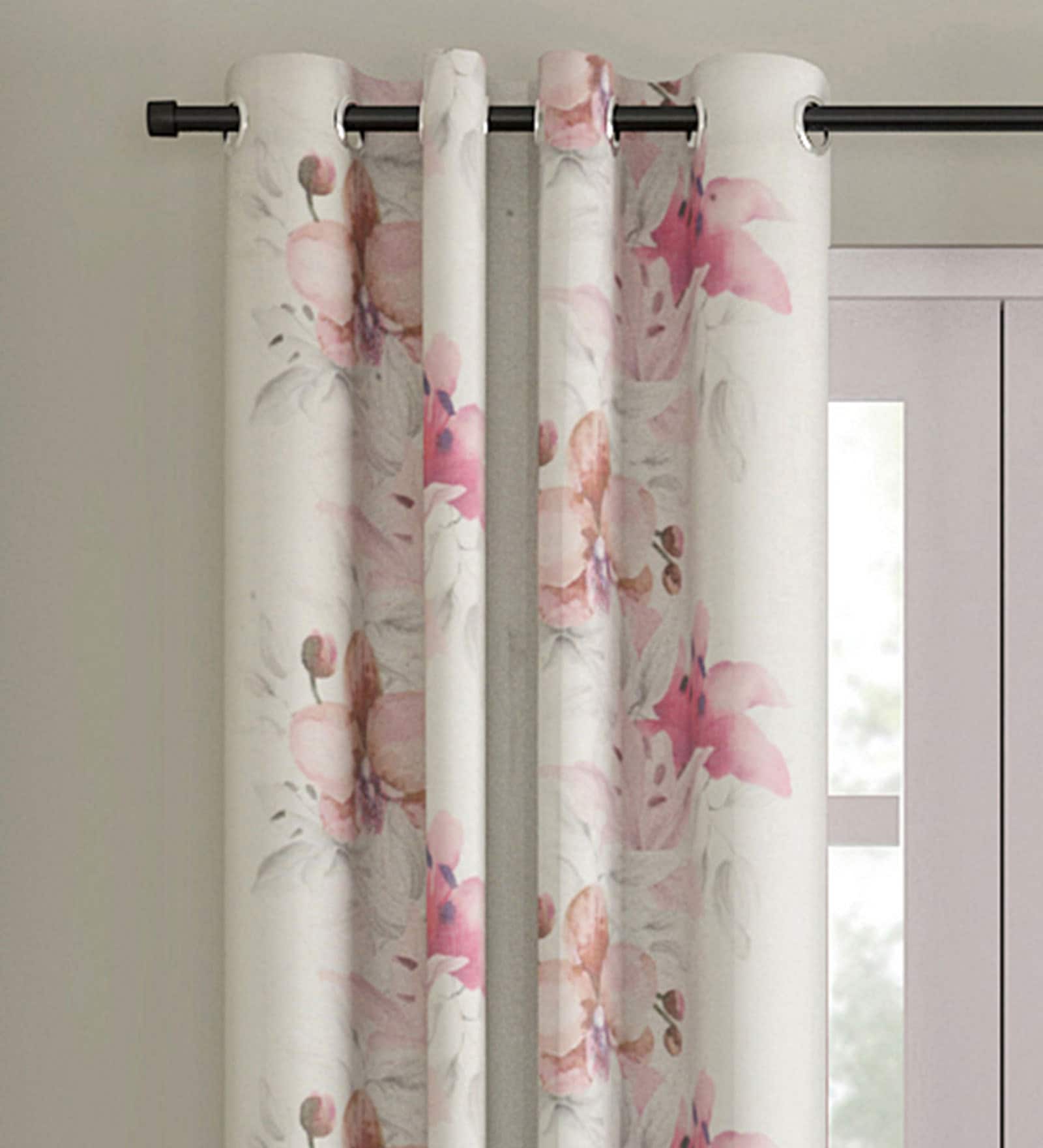 Off White Floral Jute 9 Ft Light Filtering Eyelet Door Curtain