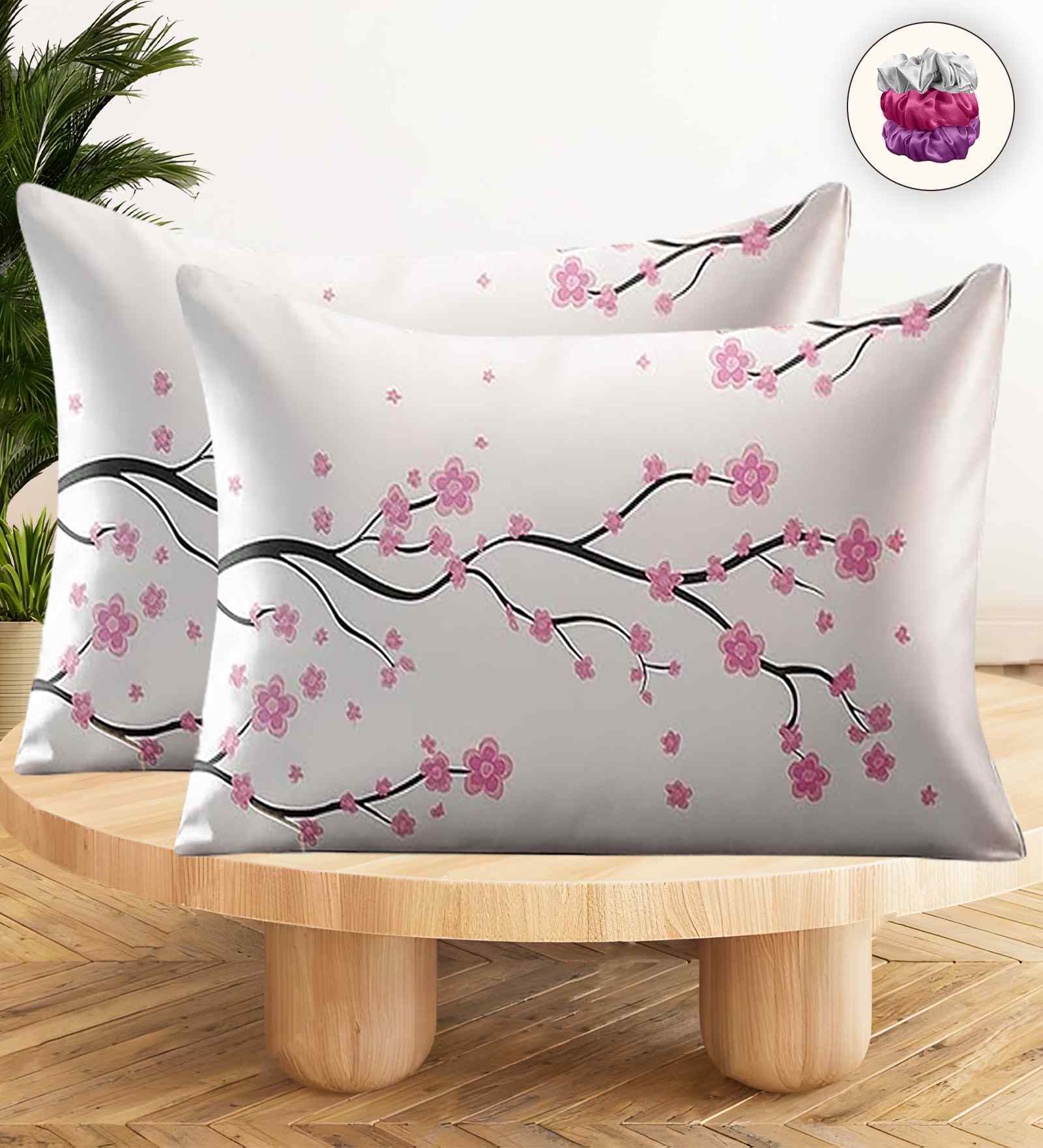 White Flower Premium 3D Printed Pillow Covers (Set of 2) With 1Pc Scrunchie Free