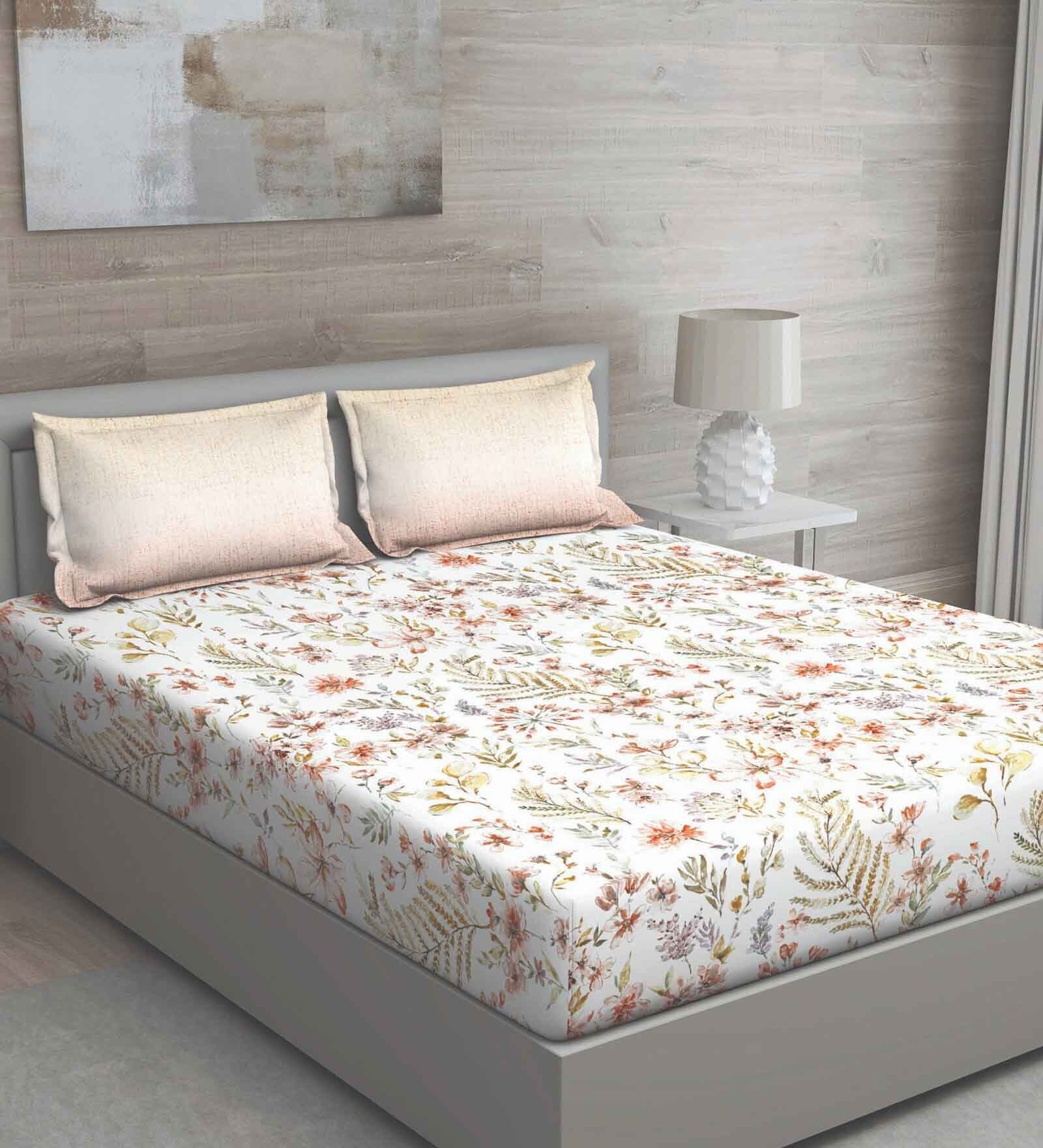 White Floral 150 TC Cotton Queen Sized Bed Sheets with 2 Pillow Covers