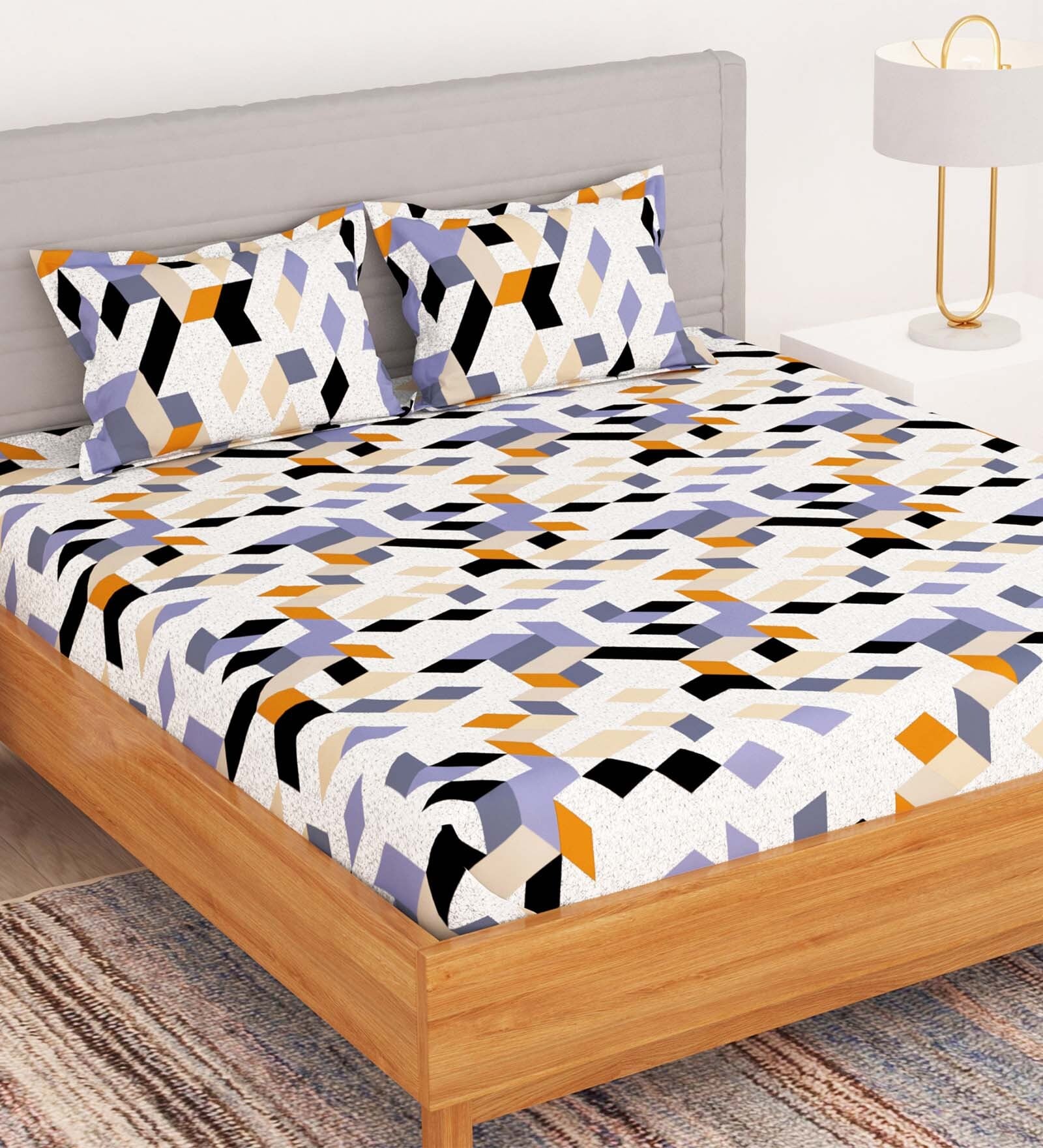 White Geometric 180 TC Microfiber Queen Size Bedsheet with 2 Pillow Covers