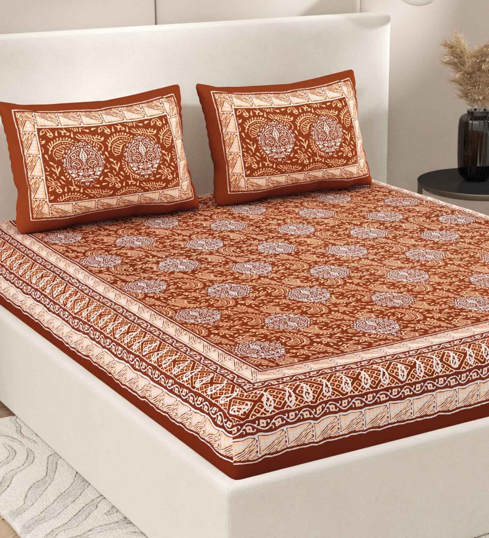 Brown Traditional 200 TC Cotton Double Queen Sized Bedsheet With 2 Pillow Covers