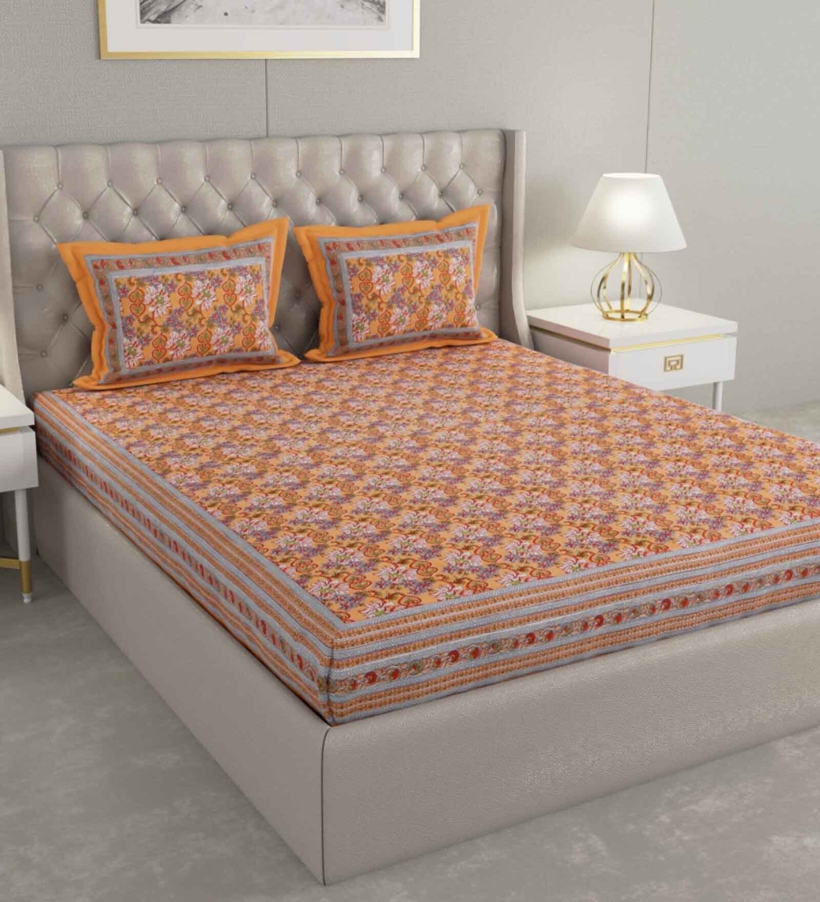 Orange Floral 300 TC Cotton Double King Sized Bedsheet With 2 Pillow Covers