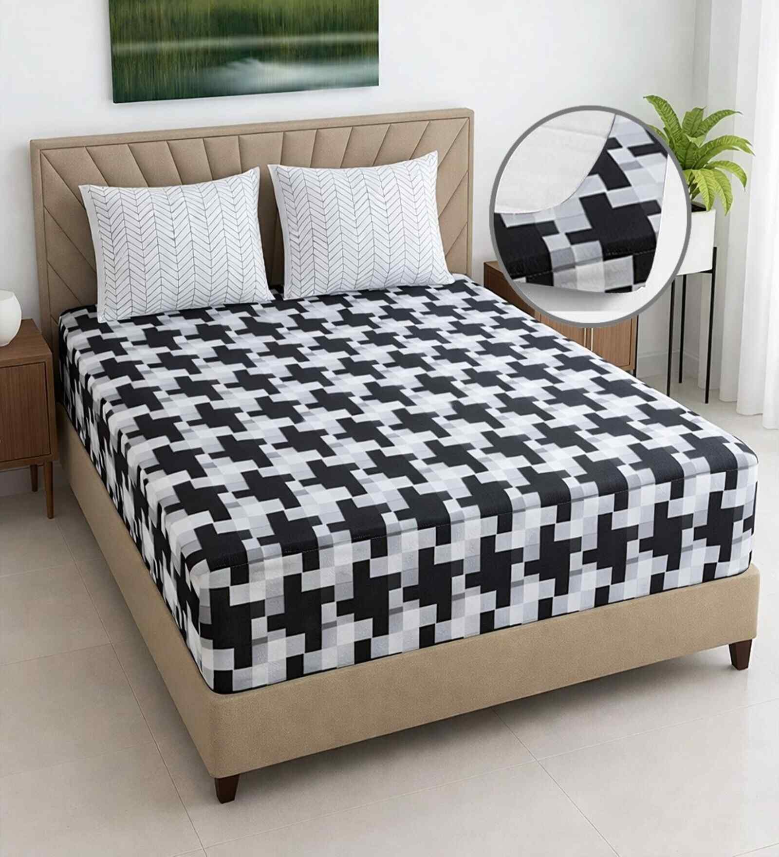 White Geometric 310 TC Cotton King Bedsheet with 2 Pillow Covers