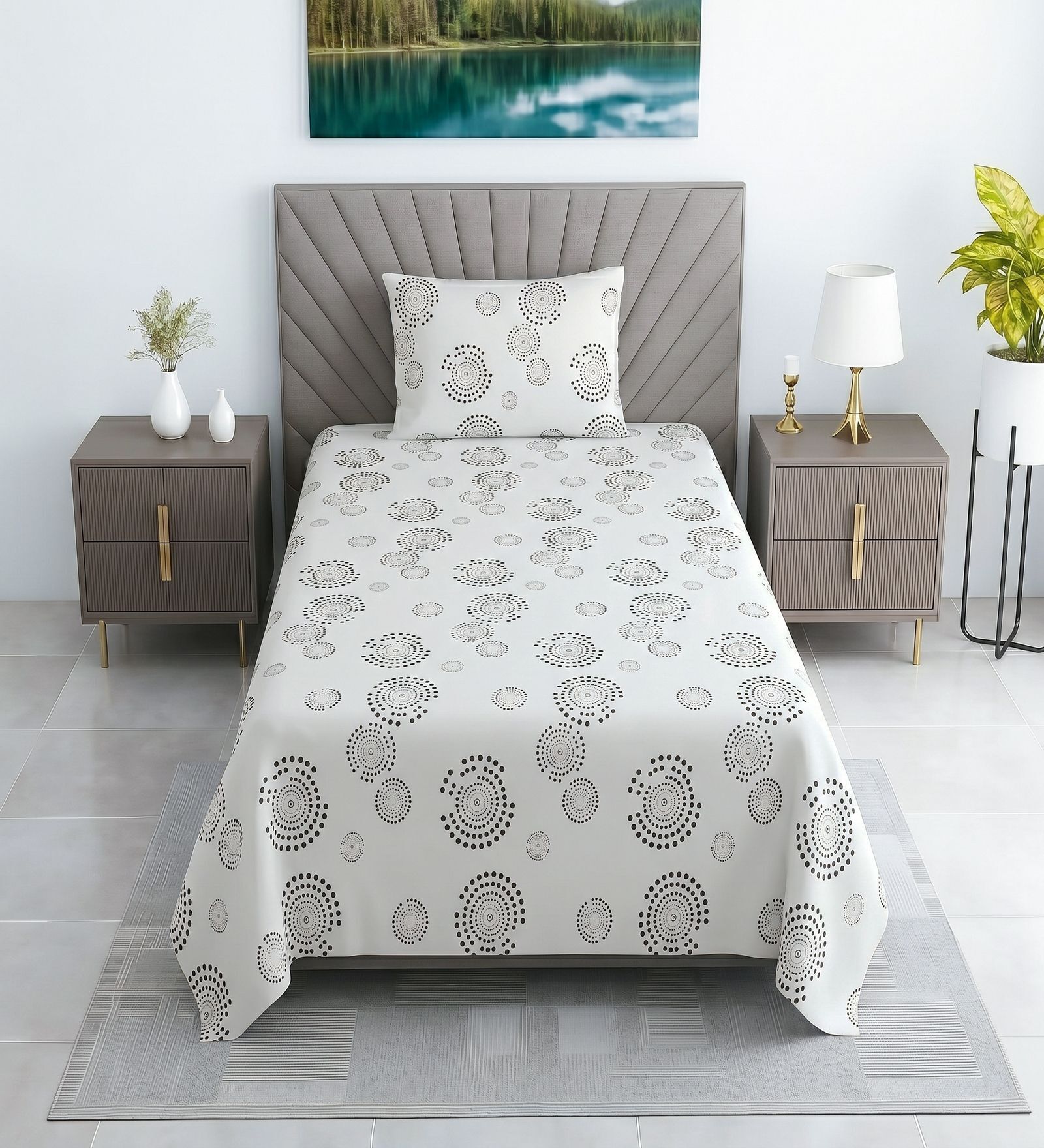 White Geometric 330 TC Cotton Single Bed Size Bedsheet With 1 Pillow Cover Monochrome Collection