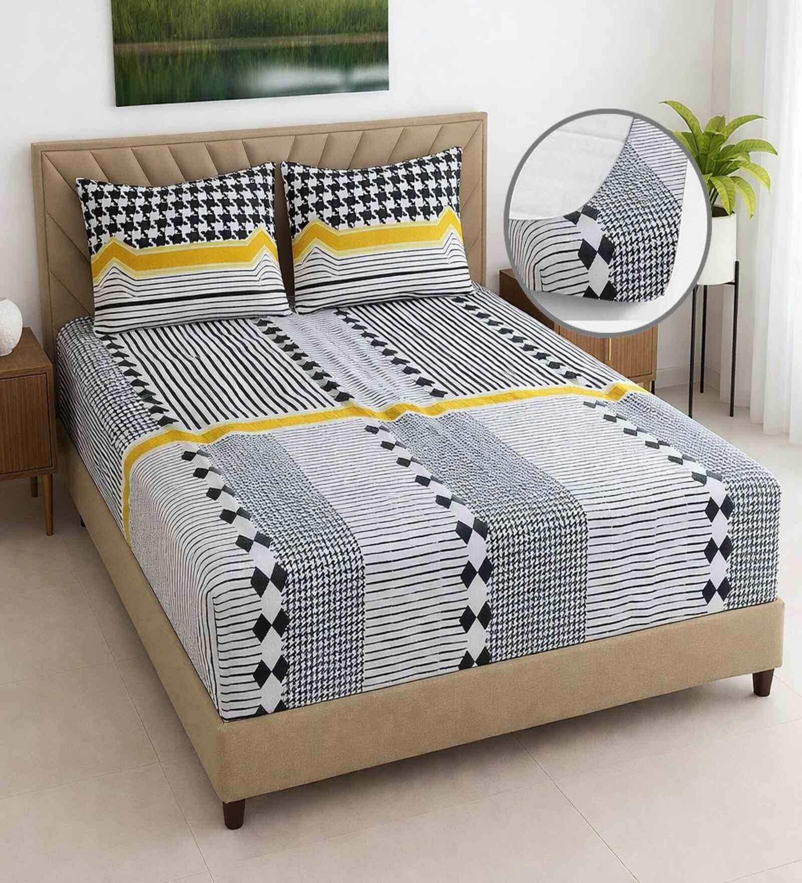 White Geometric 390 TC Cotton King Bedsheet with 2 Pillow Covers