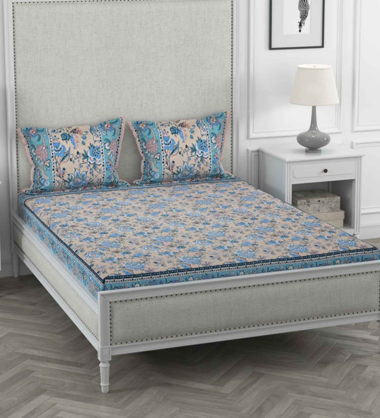 Blue Floral 400 Tc Cotton King Size Bedsheet With 2 Pillow Covers