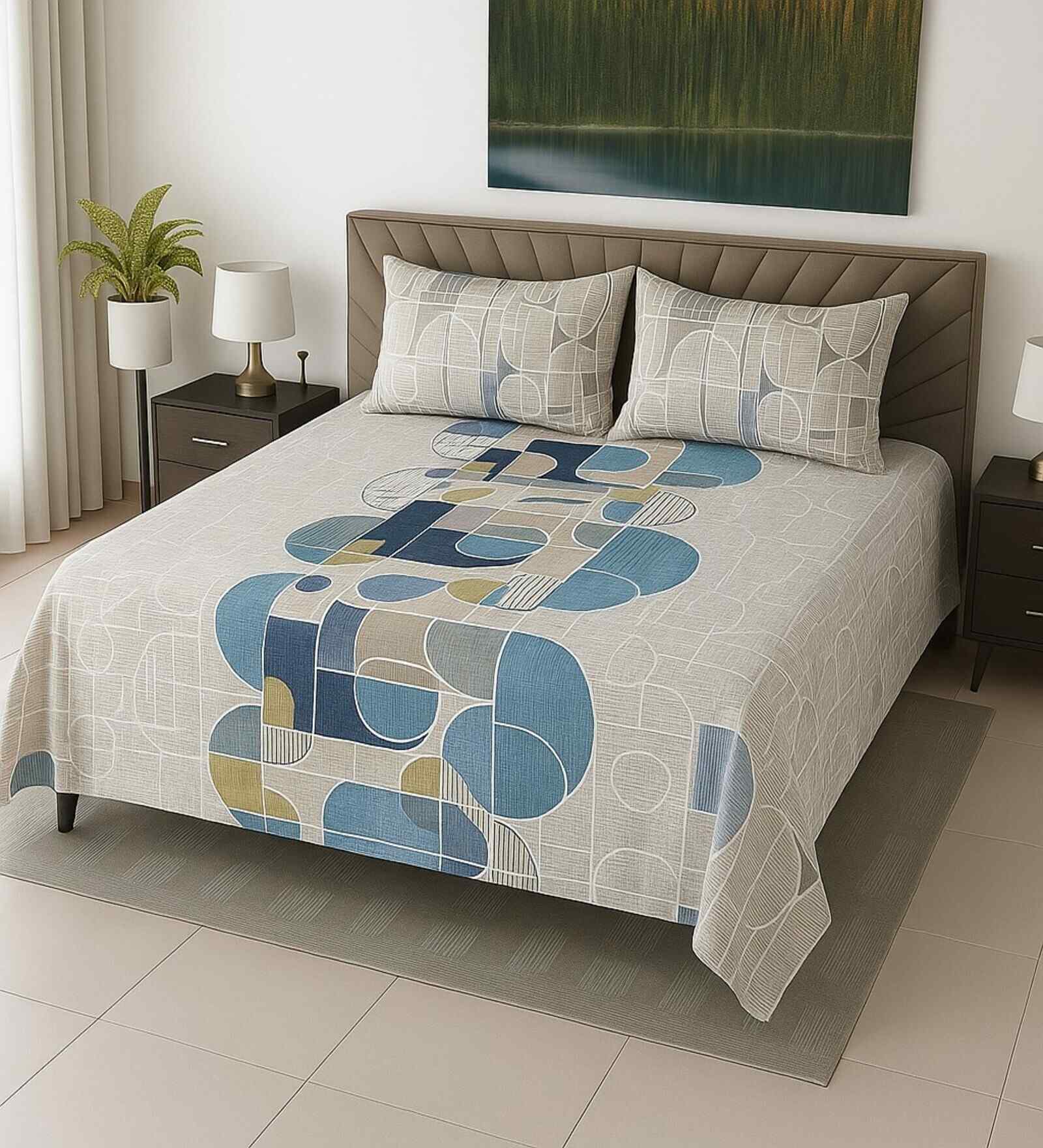 White Geometric 400 TC Cotton SuperKing Sized Double Bedsheet with 2 Pillow Covers Luxury Series Collection