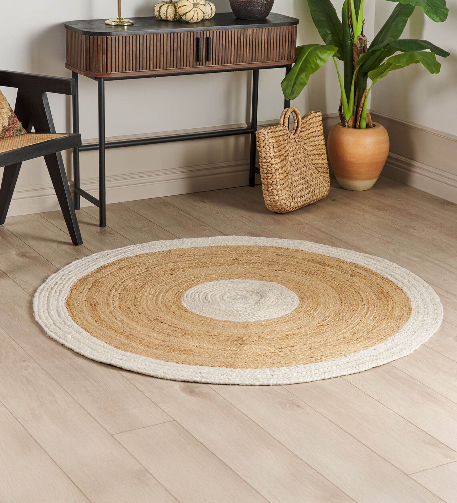 White Geometric Jute 3 Ft X 3 Ft Hand Woven Dhurrie