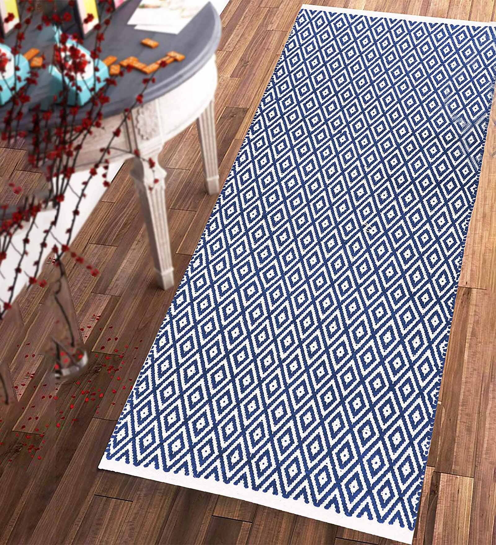 Geometric Pattern Cotton 5 x 2 Feet Flat Weave Bedside Runner