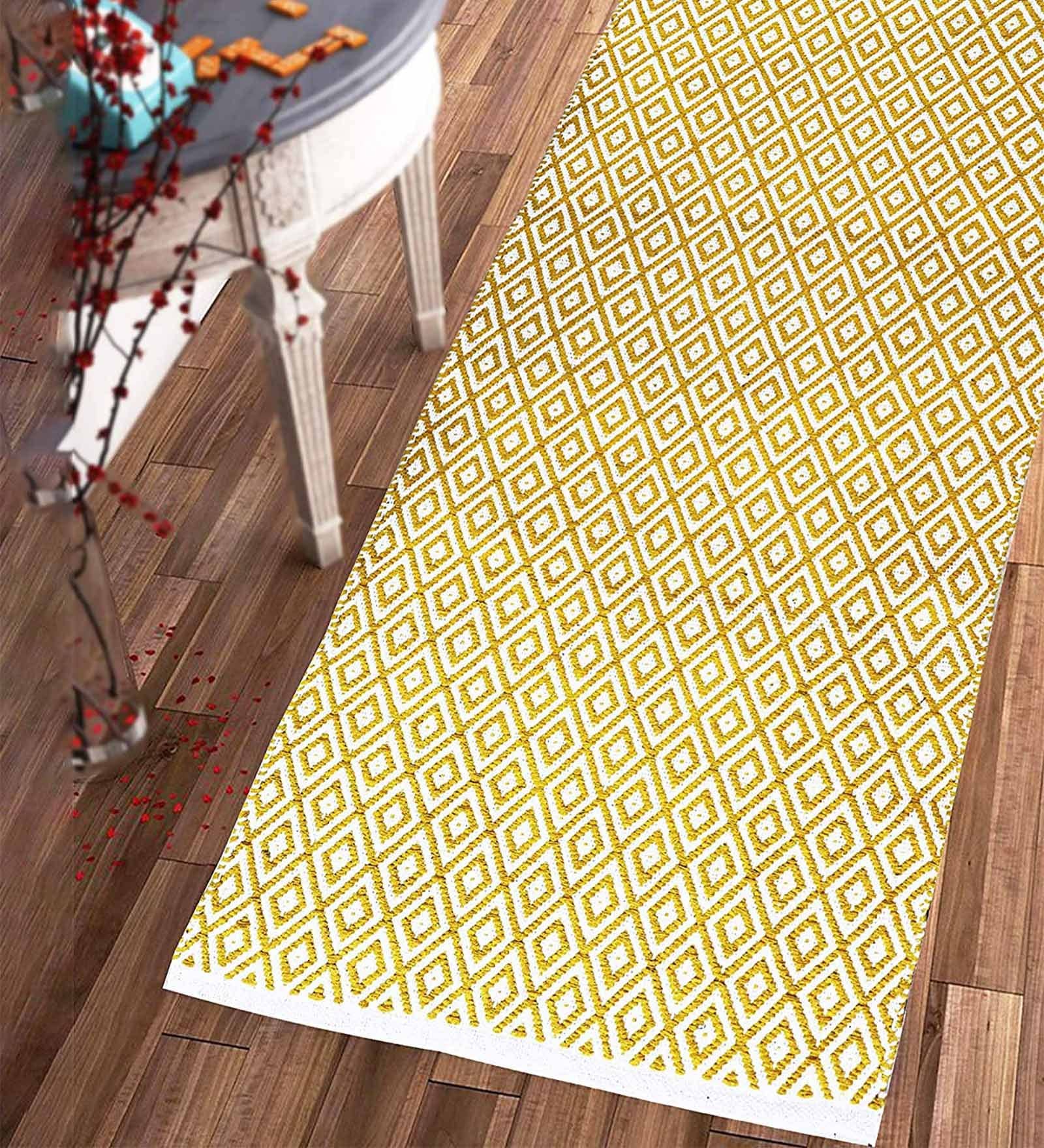 Geometric Pattern Cotton 5 X 2 Feet Flat Weave Bedside Runner