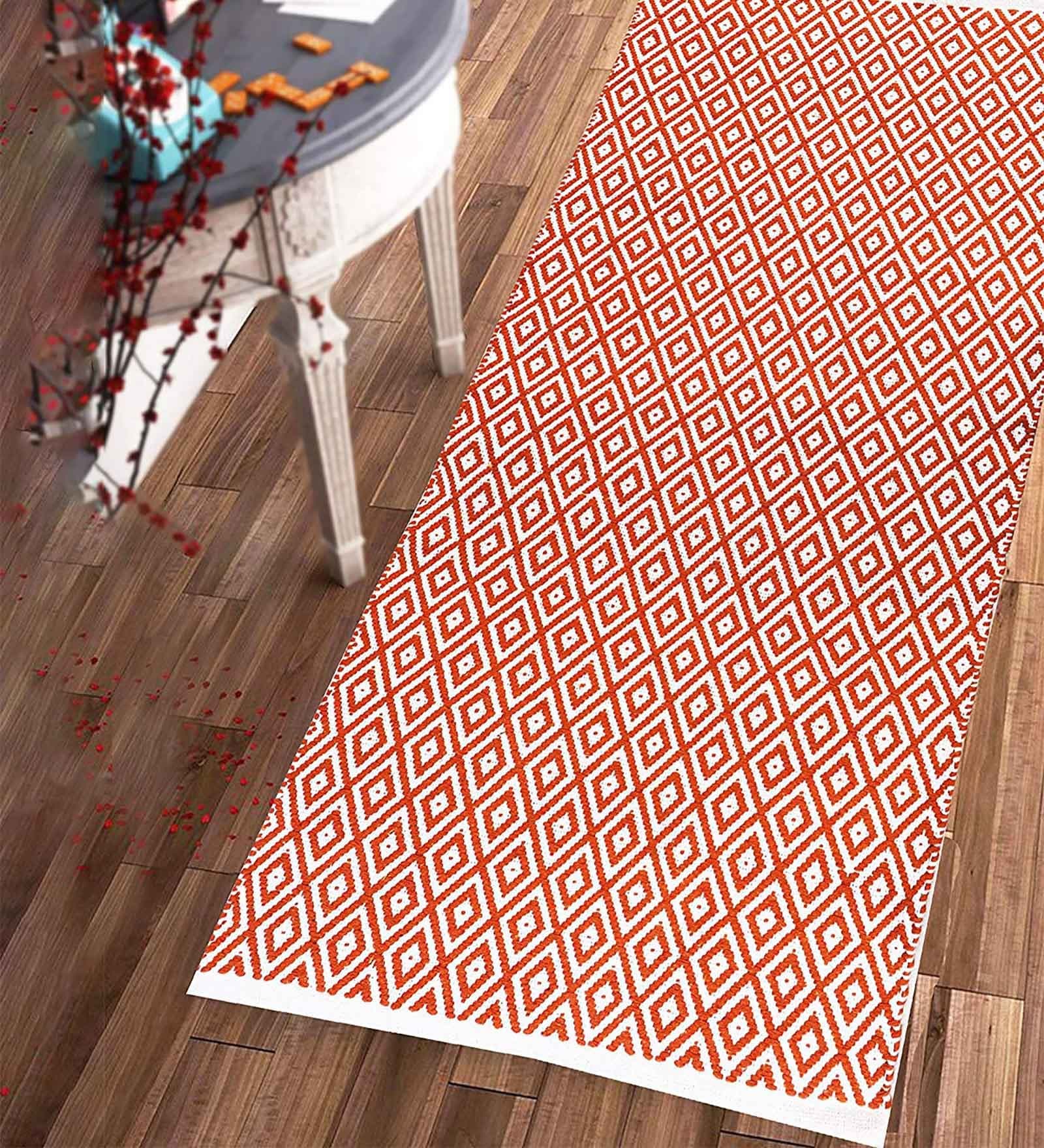 Geometric Pattern Cotton 5 x 2 Feet Flat Weave Bedside Runner