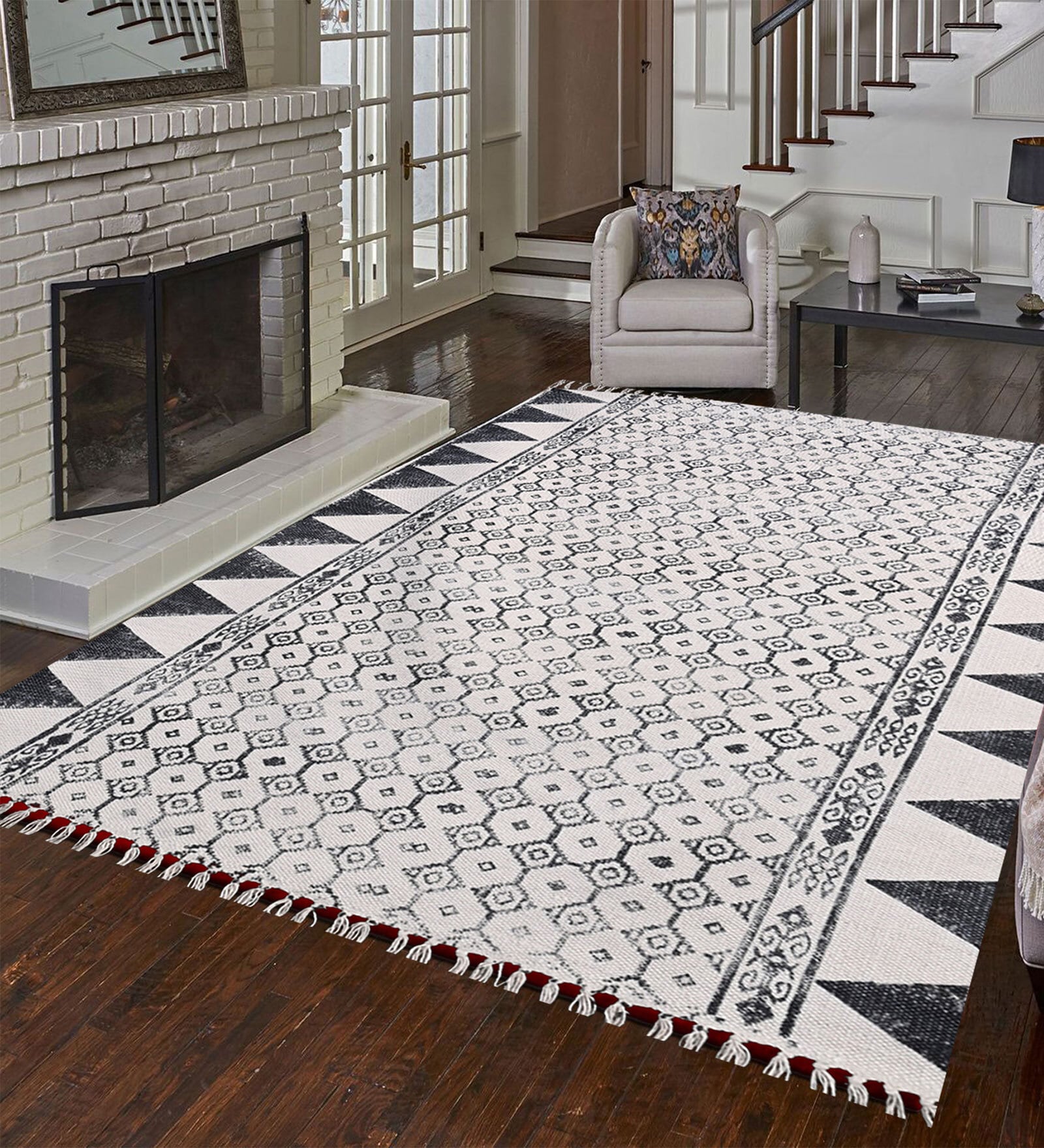 White Geometrical Cotton 36x54 Inches Hand Woven Dhurrie
