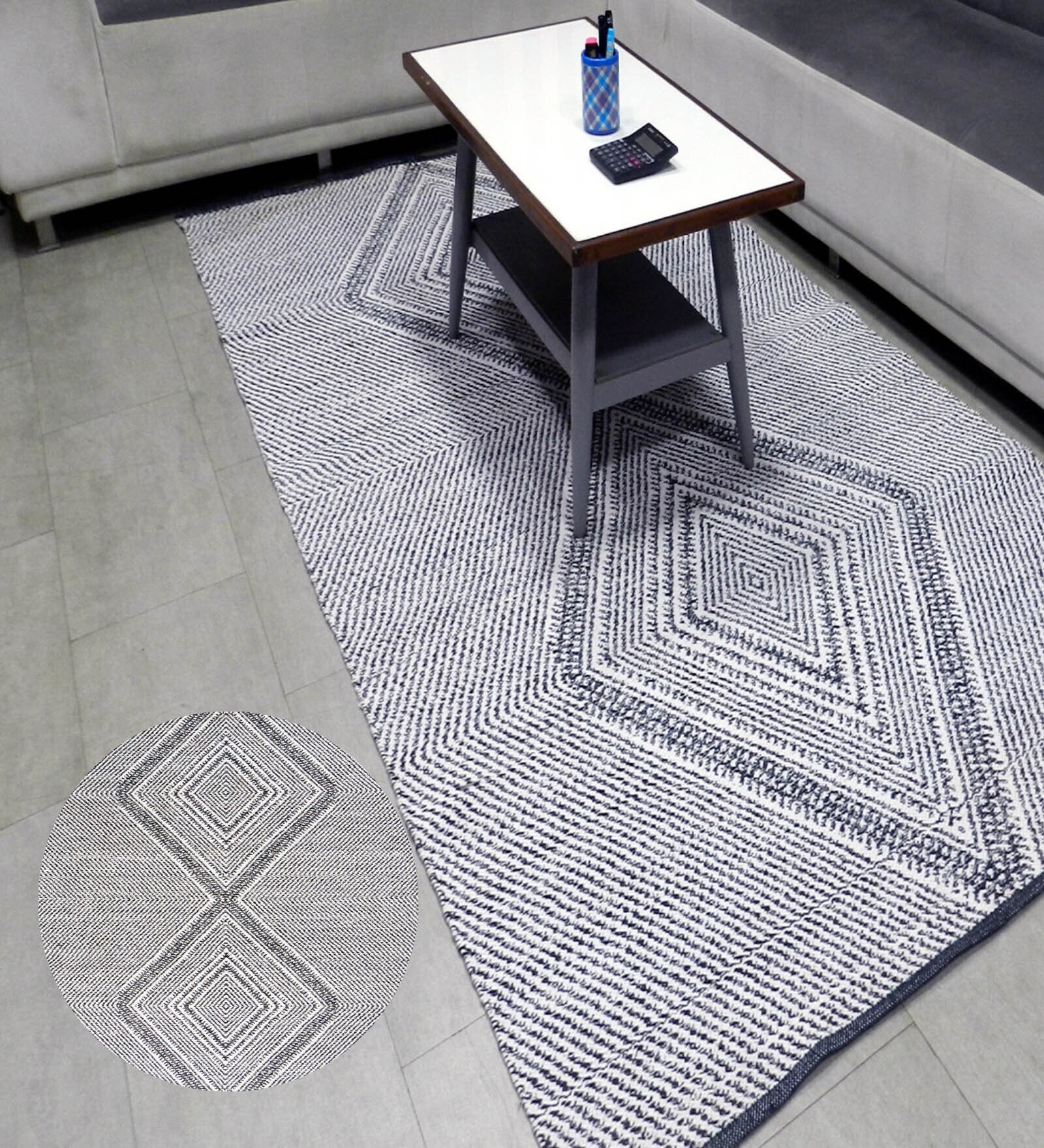 White Geometrical Cotton 8X5 Feet Hand Woven Carpet