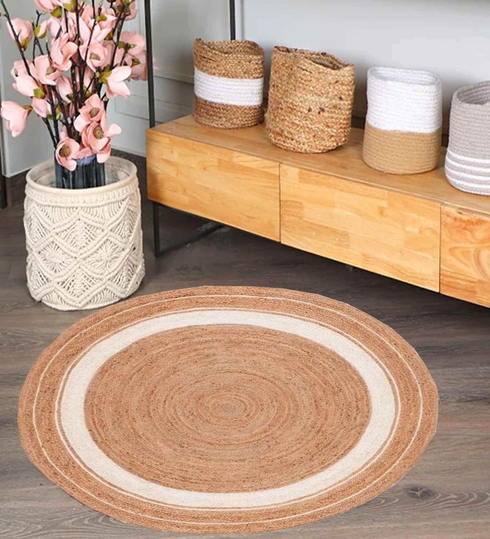 White Geometrical Jute 5 X 5 Feet Hand Woven Round Carpet