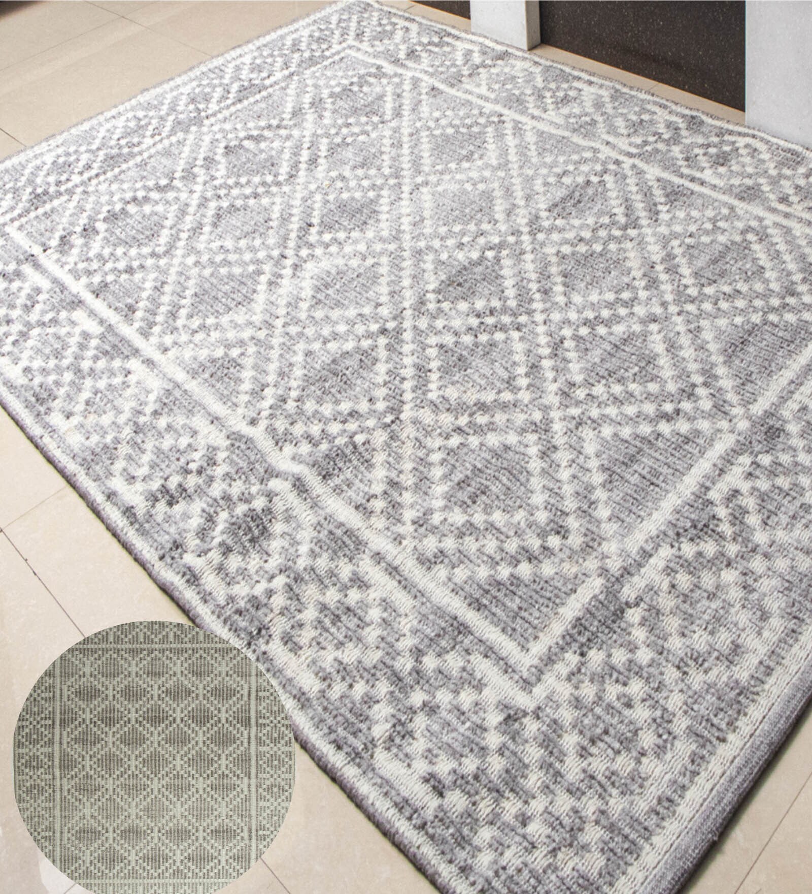 White Geometrical Pet 8X5 Feet Hand Woven Carpet