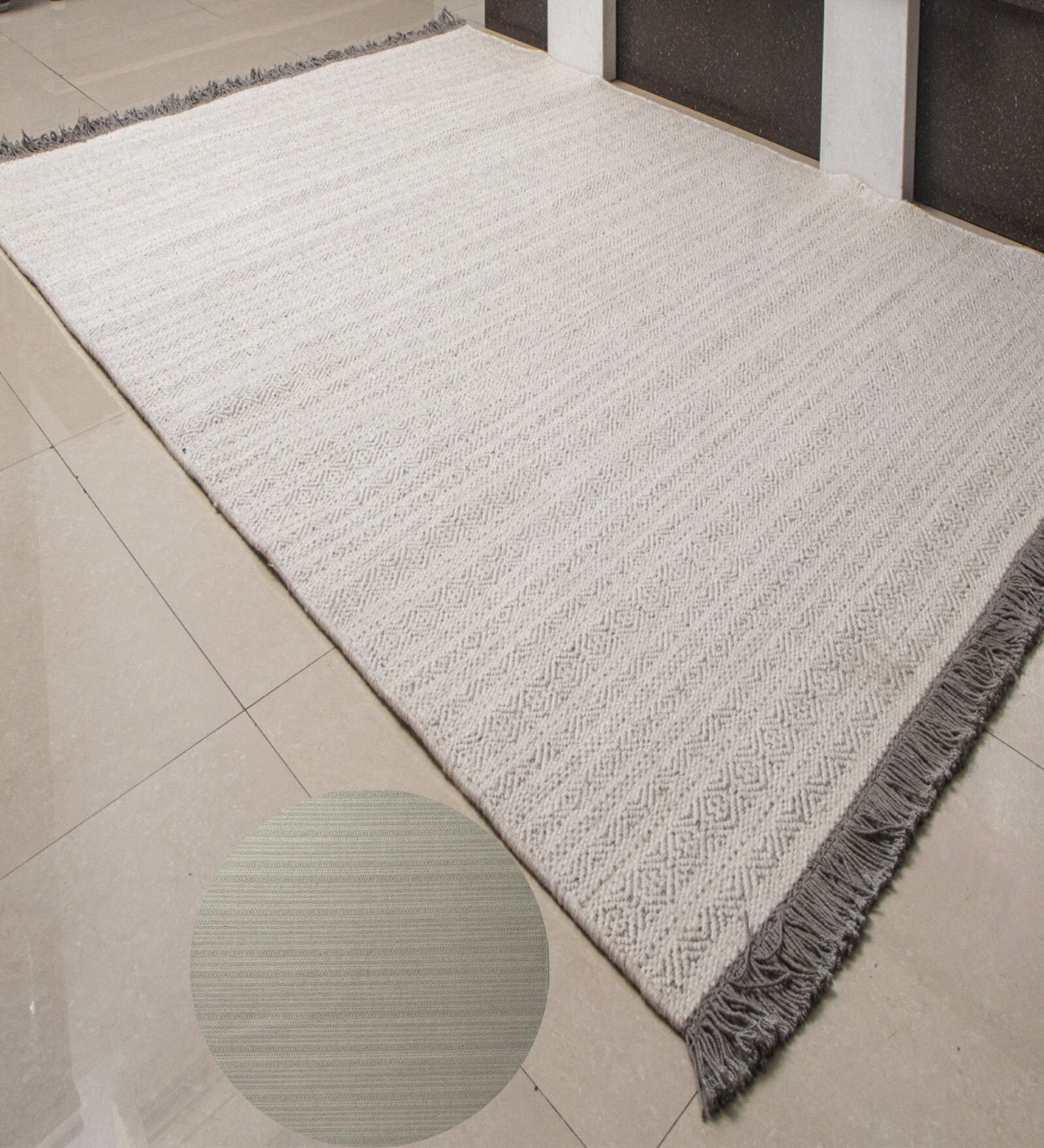 White Geometrical Viscose Hand Woven Carpet