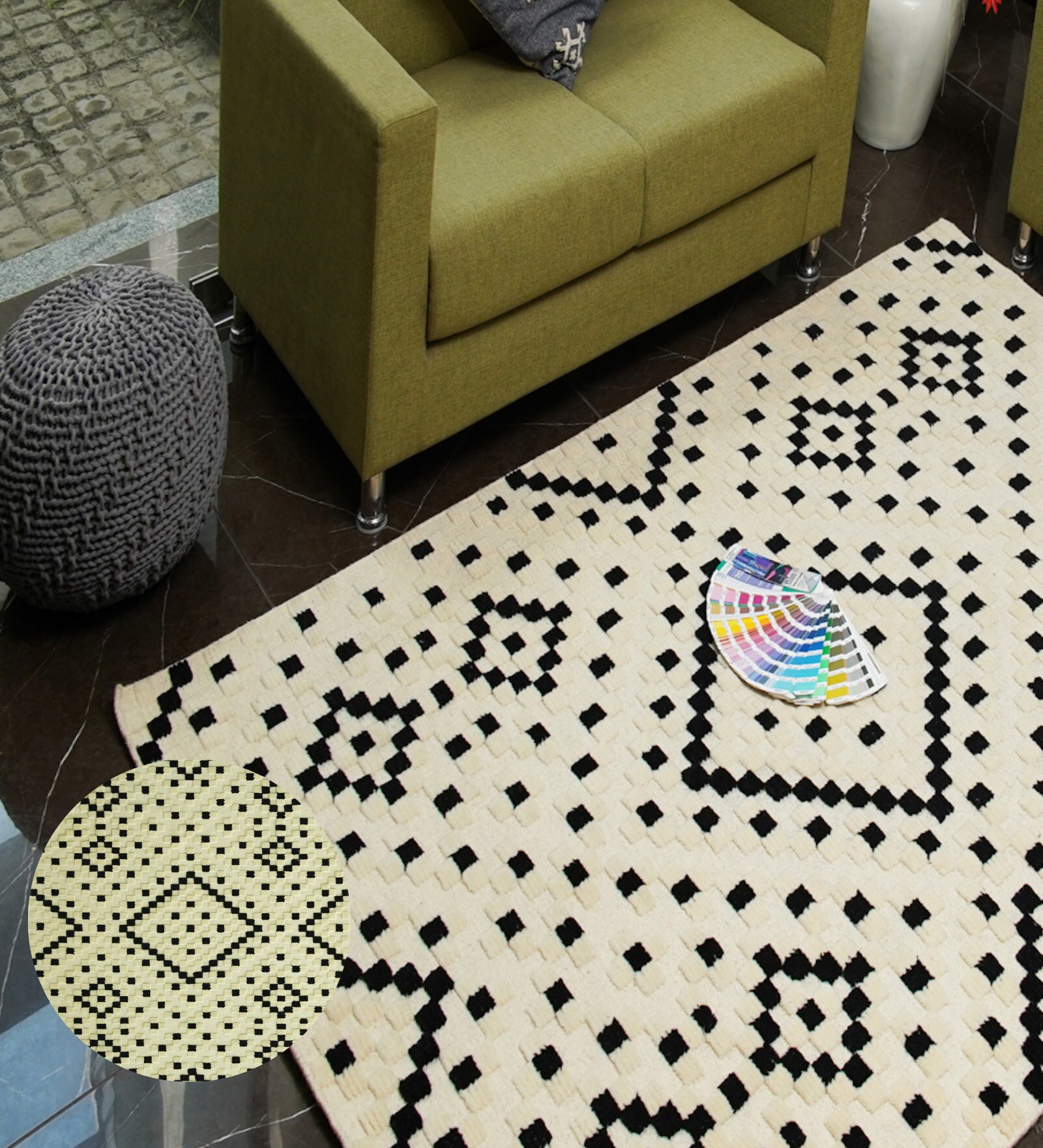 White Geometrical Wool Hand Tufted Carpet