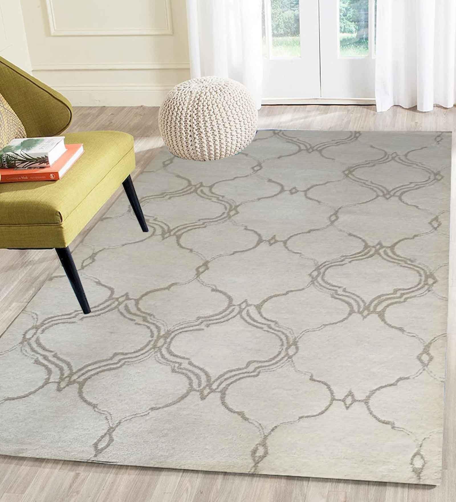 White Geometrical Wool 5 ft x 7 ft Hand Tufted Carpet