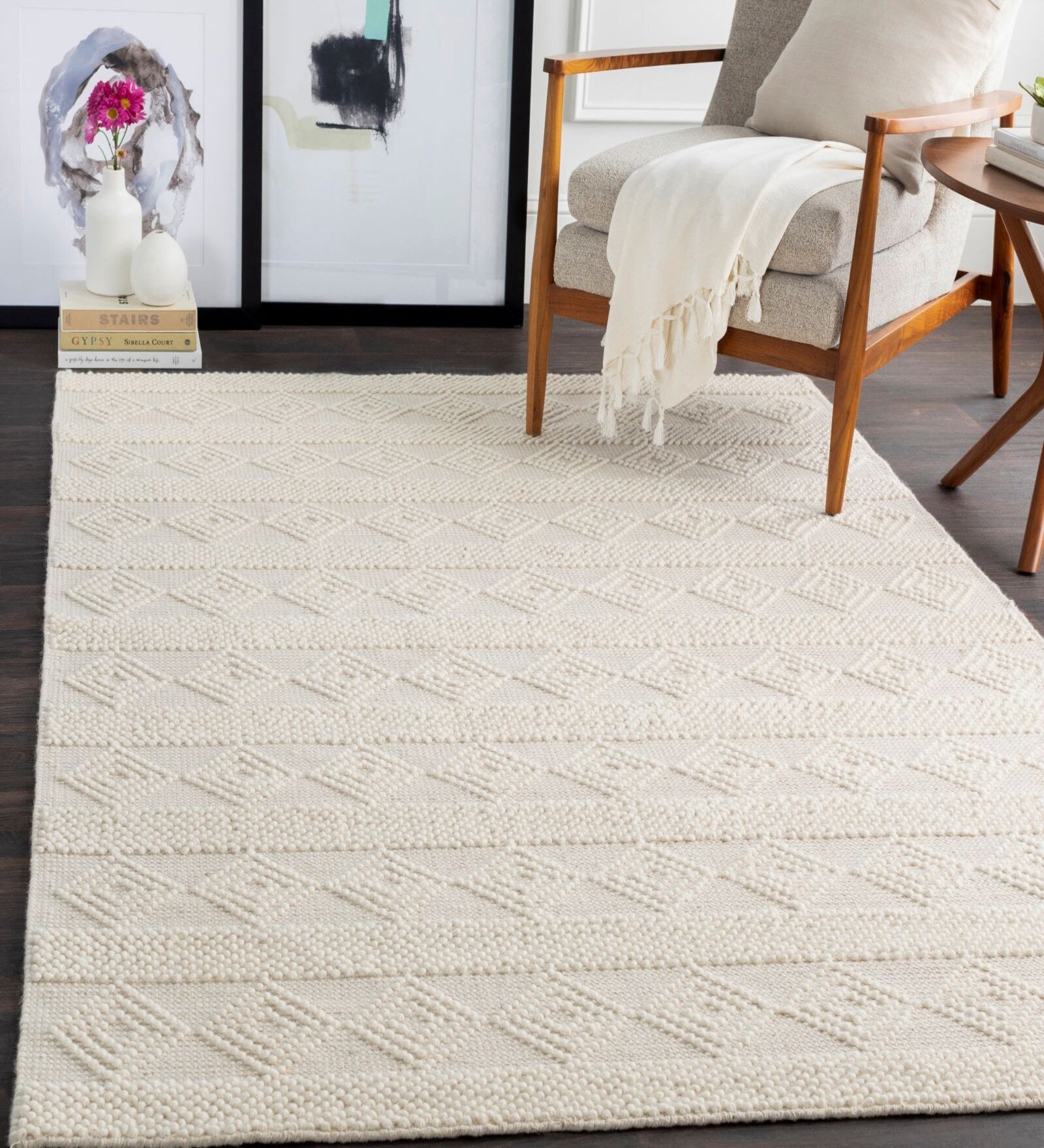 White Geometrical Wool 5 ft x 7 ft Hand Woven Carpet