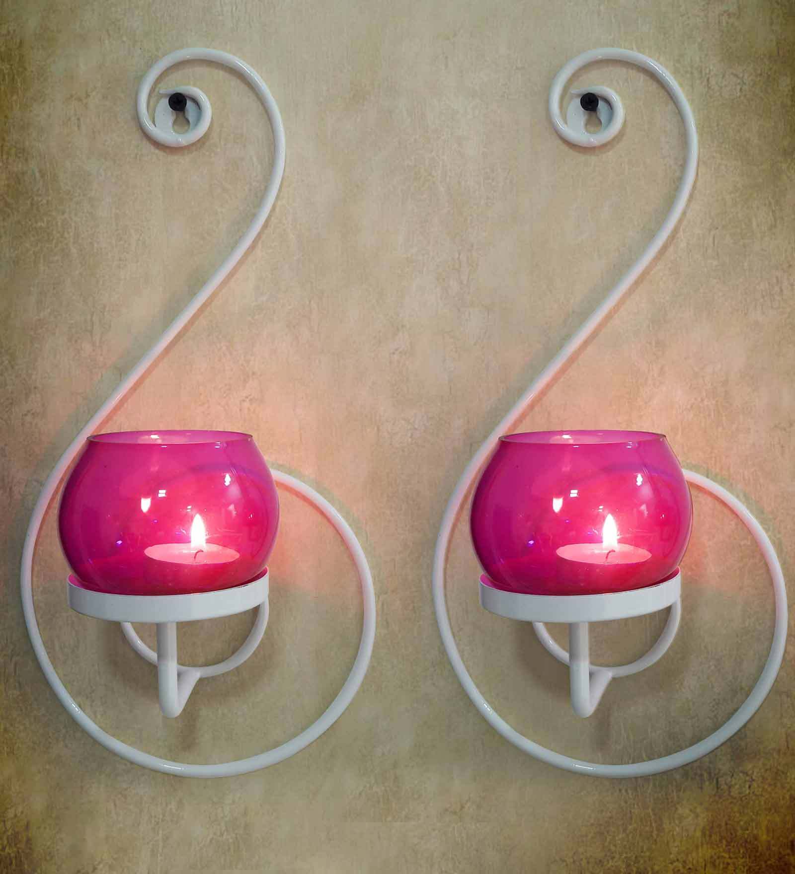 Buy White Glass Set Of 2 Wall Hanging Stand With 2 Candle Holders By