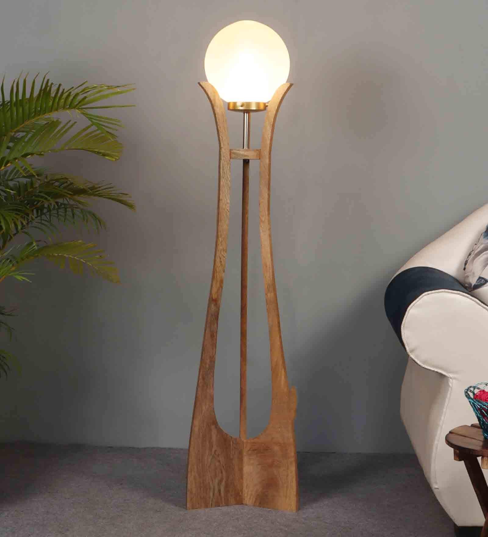 Curvy Mango Wood Base Floor Lamp with Glass Shade