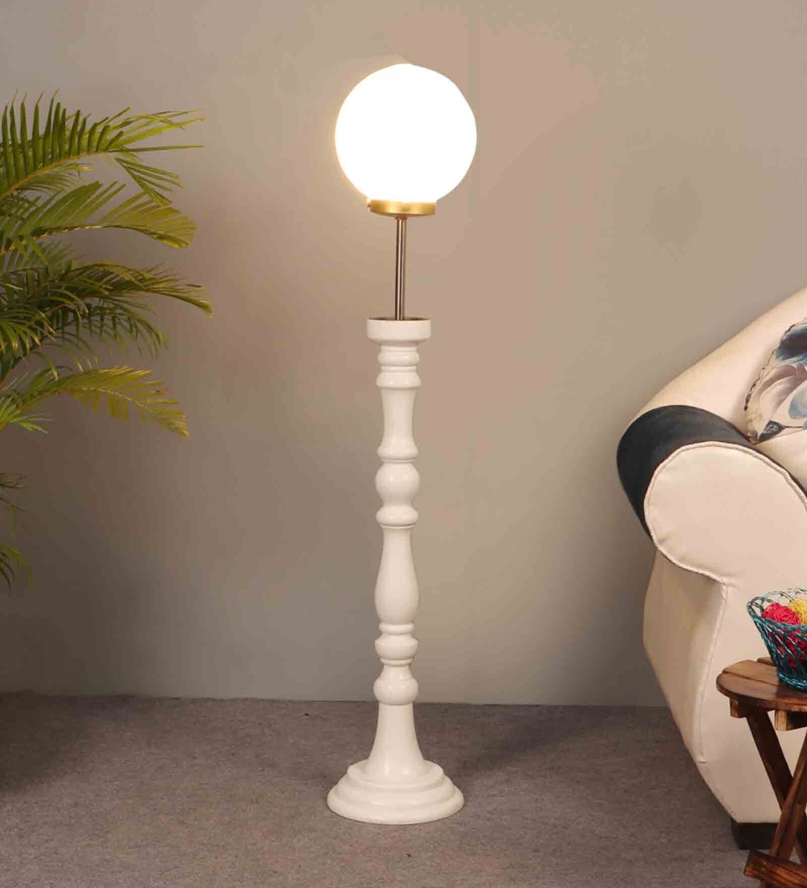 White Glass Shade Club Floor Lamp With Pine Wood Base
