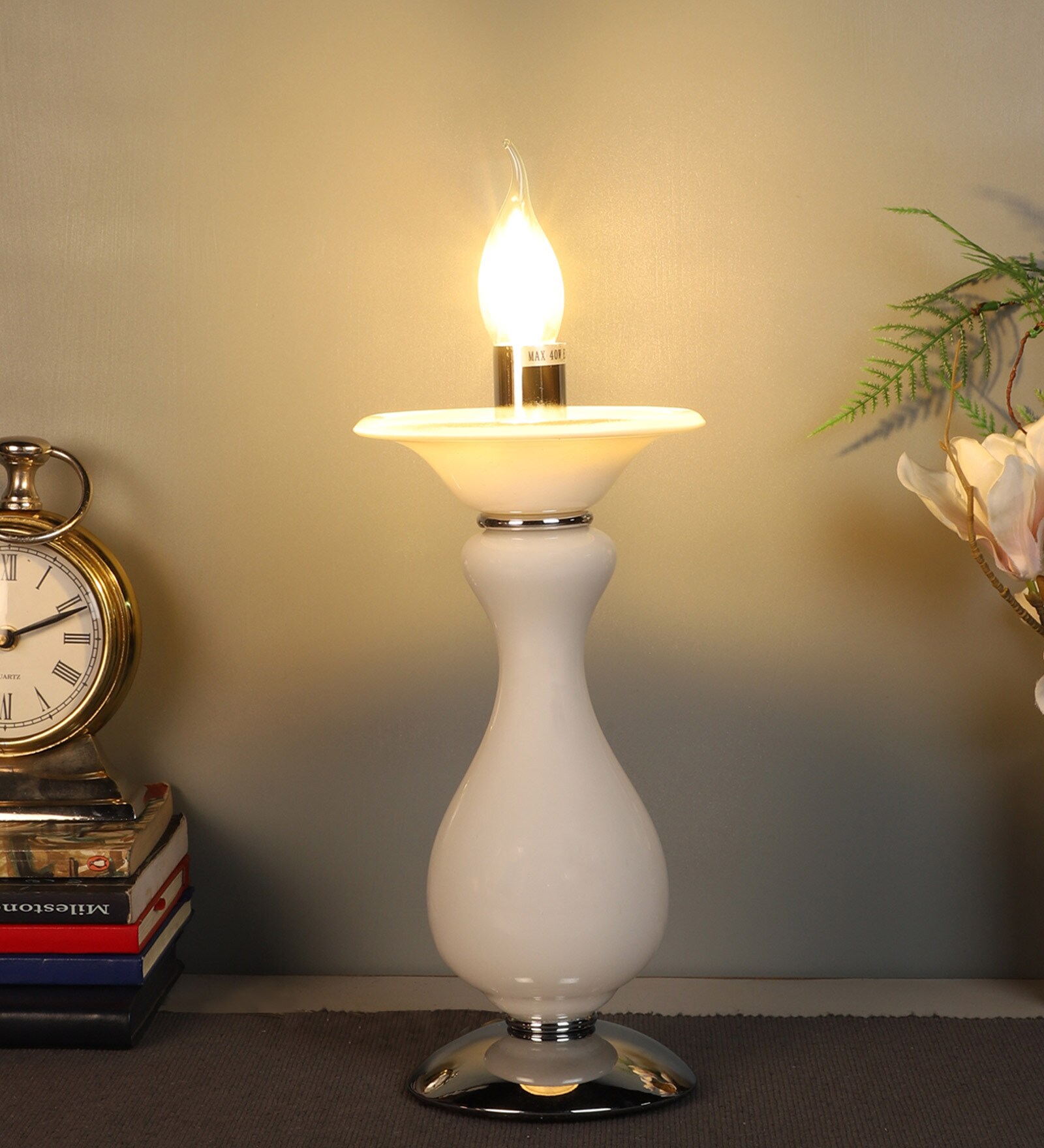 White Glass Shade Table Lamp With White Base