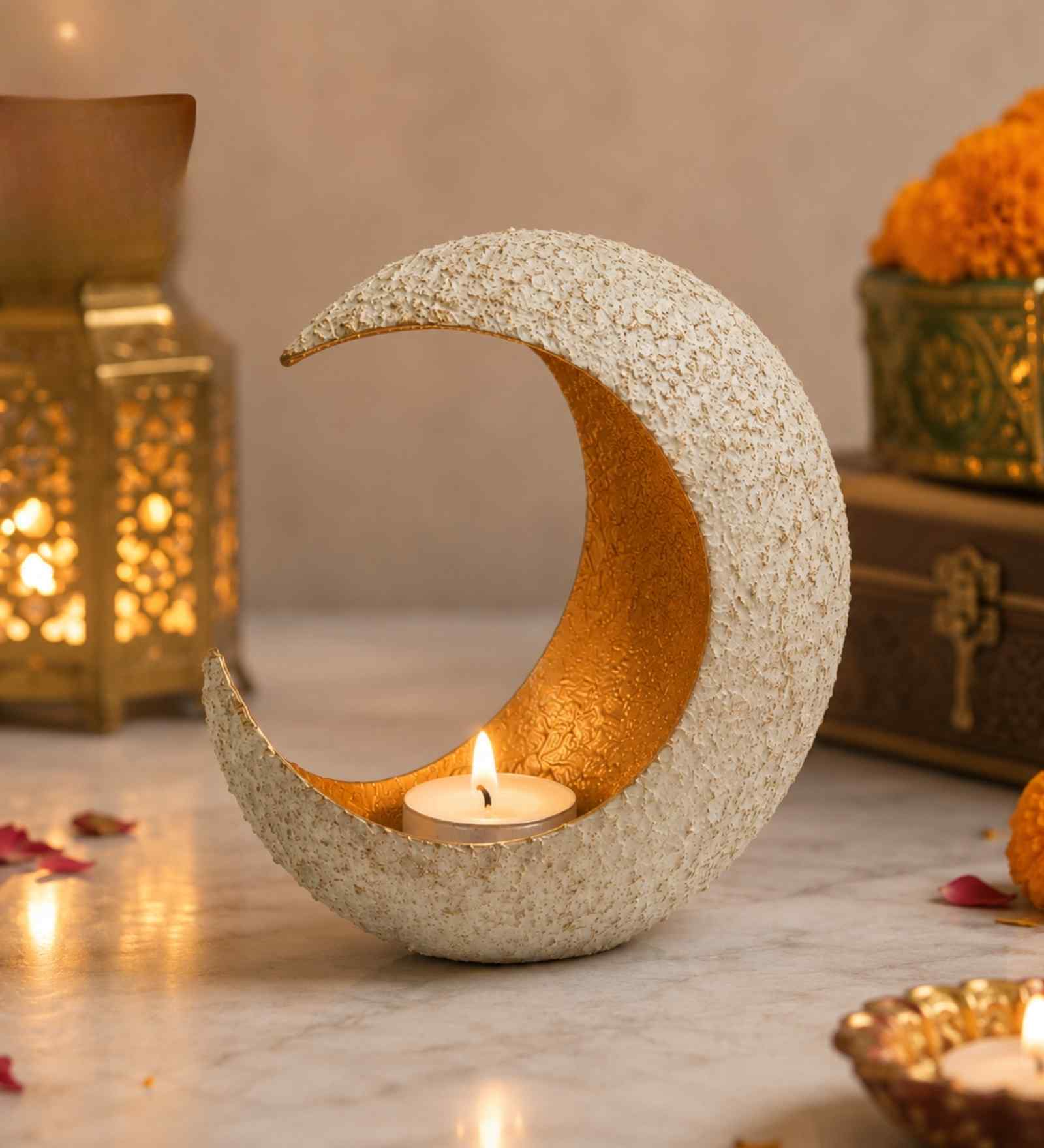 White Grainy & Gold Metal Moon Tealight Holder (Iron)