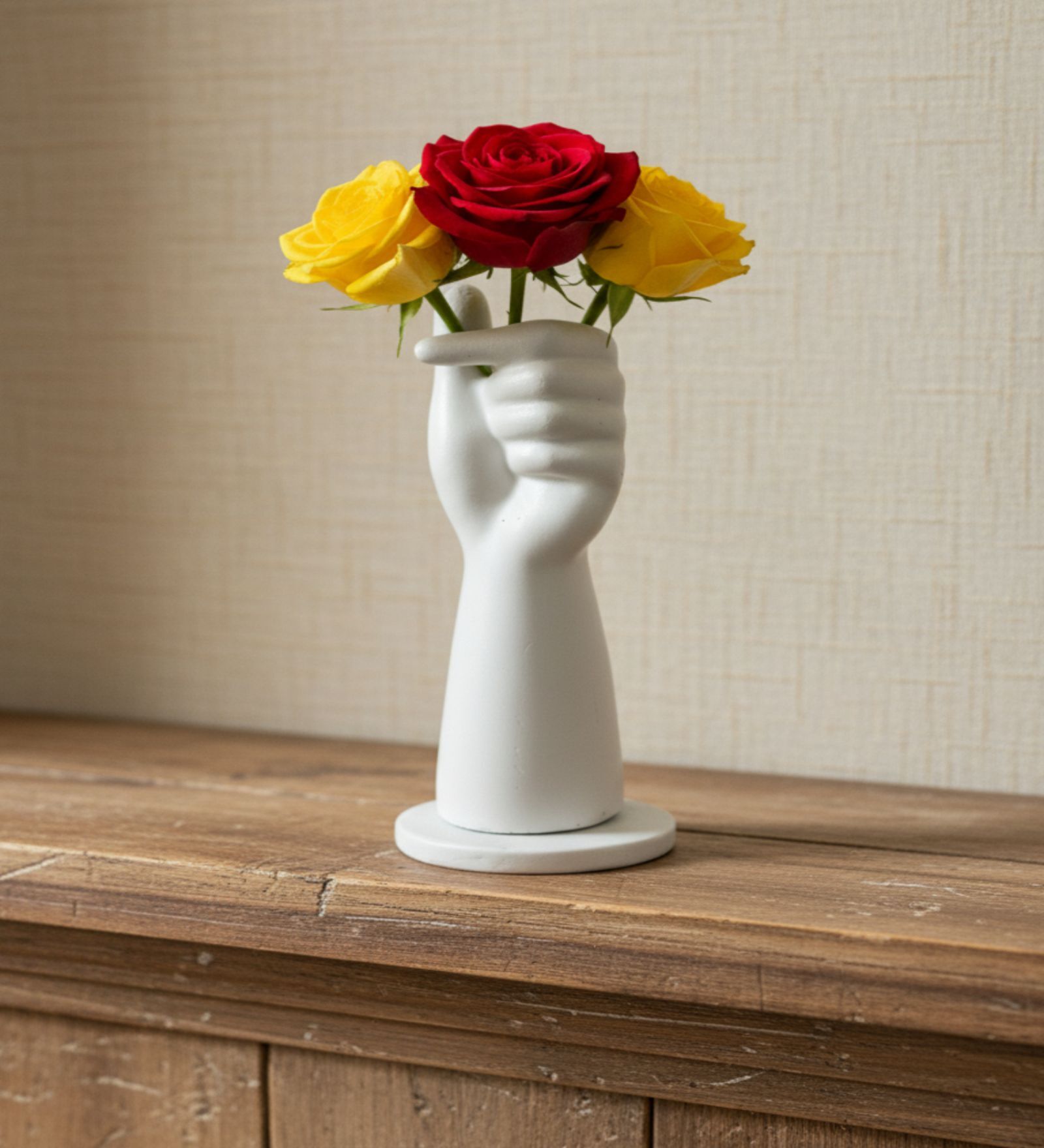 White Hand Flower Pot With White Marble Base