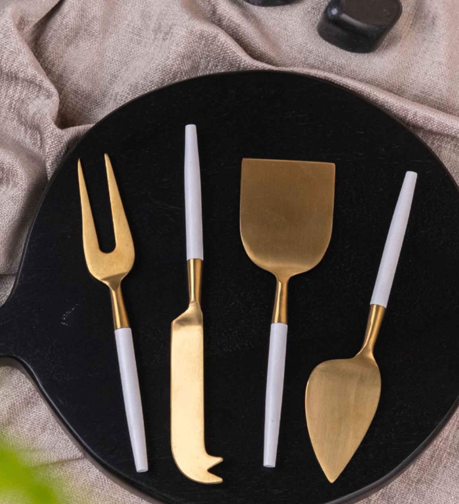White Handle Gold Heads Cheese Knives Set