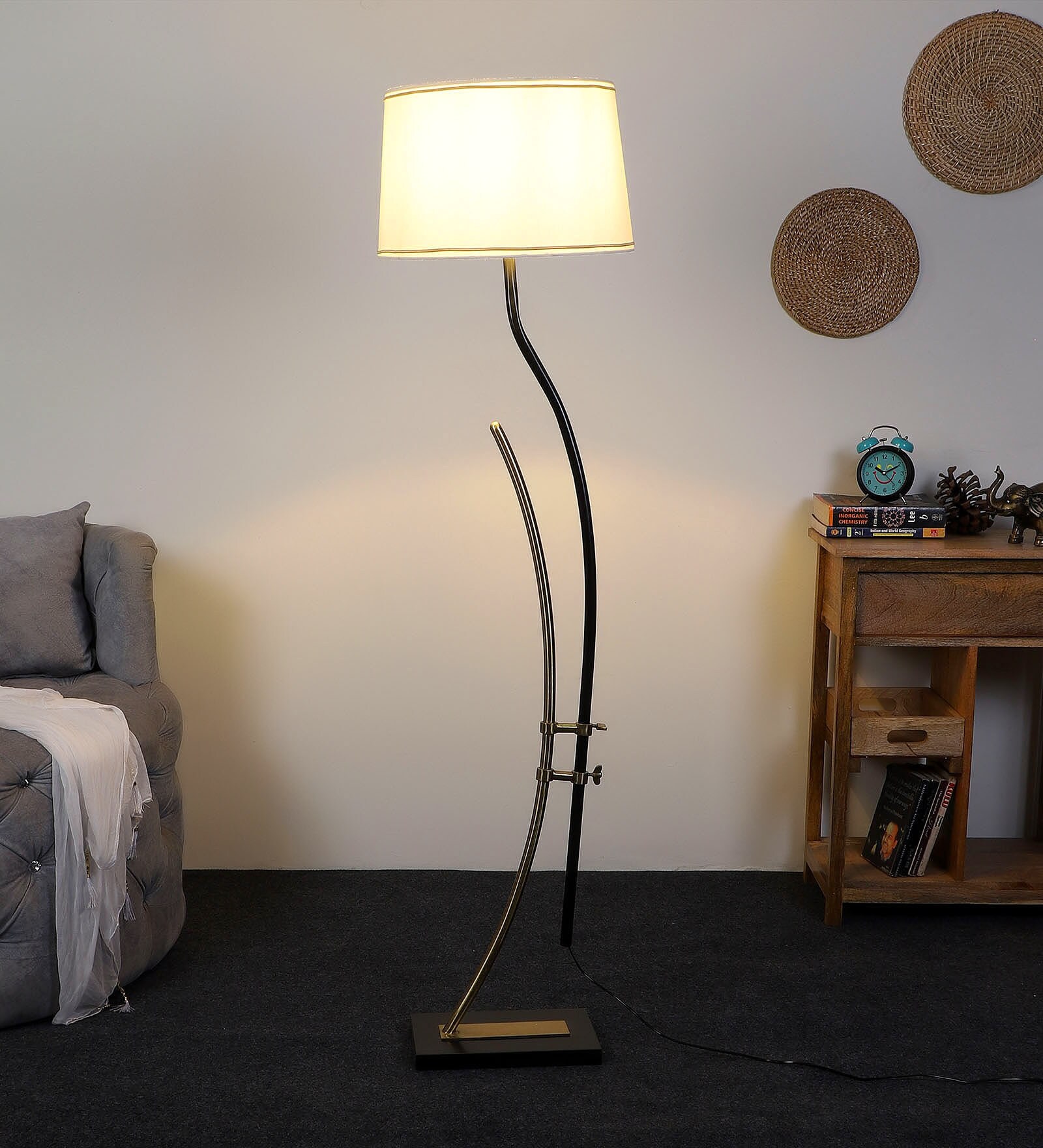 White Iron & Cloth Shade Club Floor Lamp With Iron Base