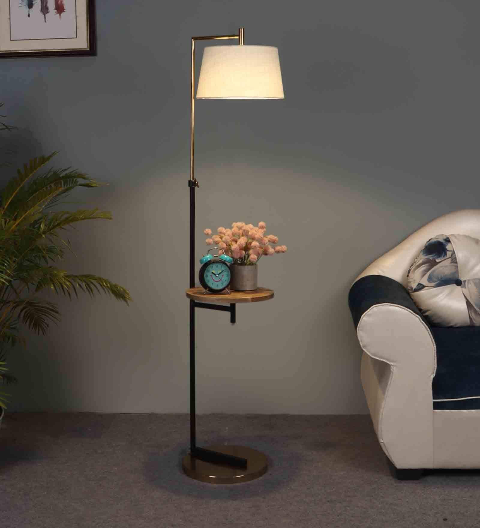 White Iron & Cloth Shade Floor Lamp With Black & Brass Base