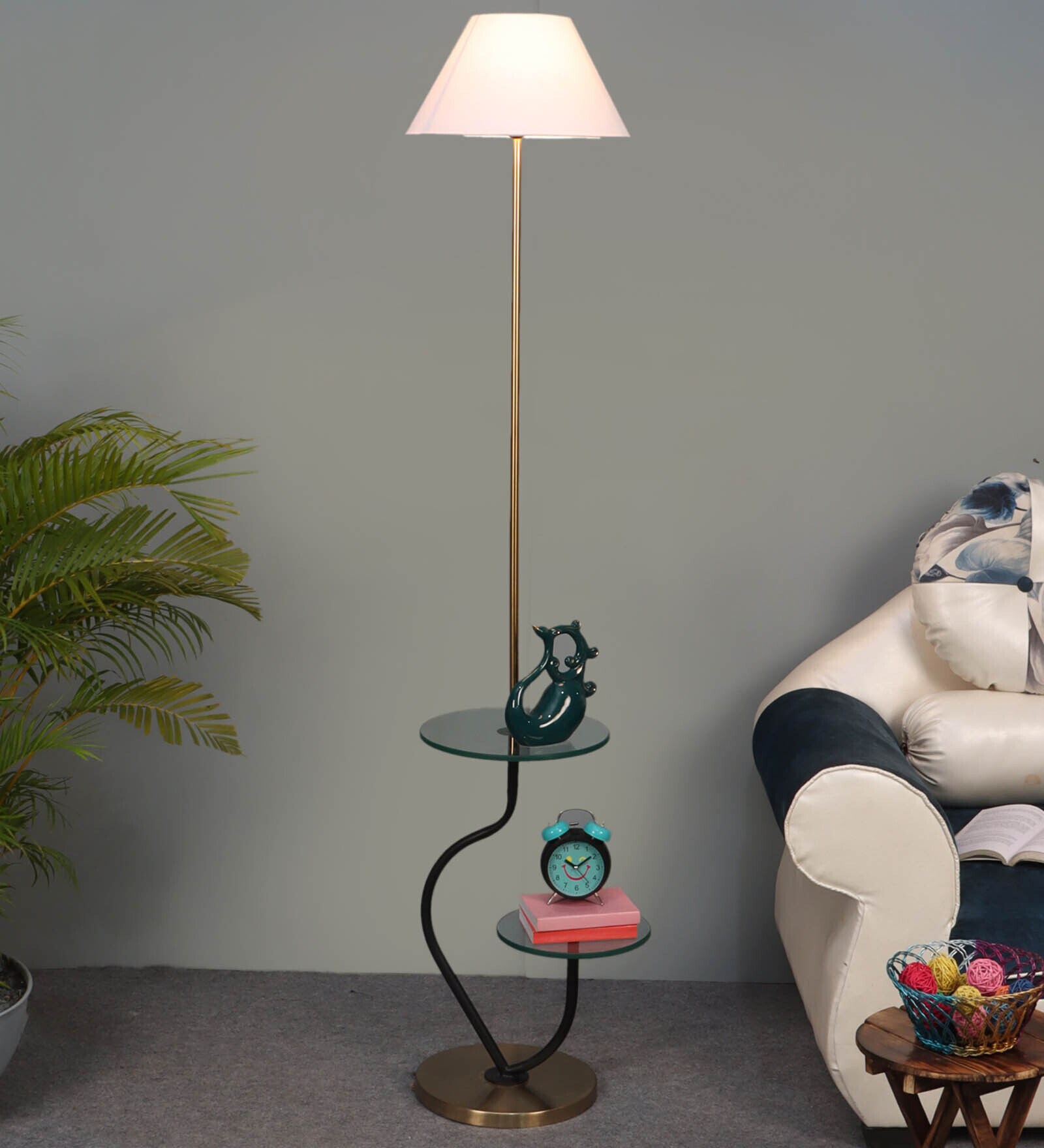 Minimilistic White Cloth Shade Shelf Floor Lamp With Iron & Glass Base