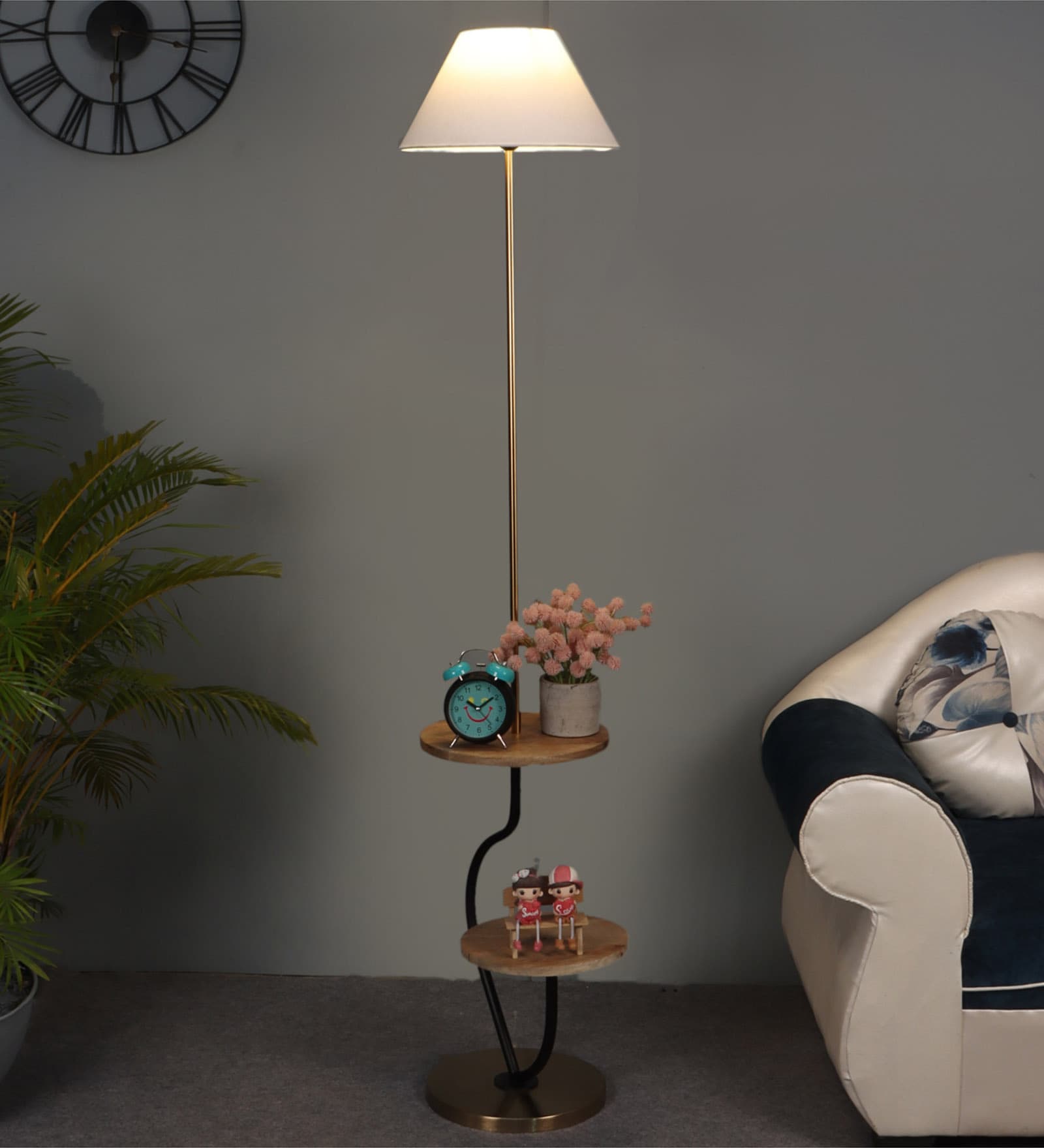 Wave White Cloth Shade Shelf Floor Lamp With Wood & Iron Base