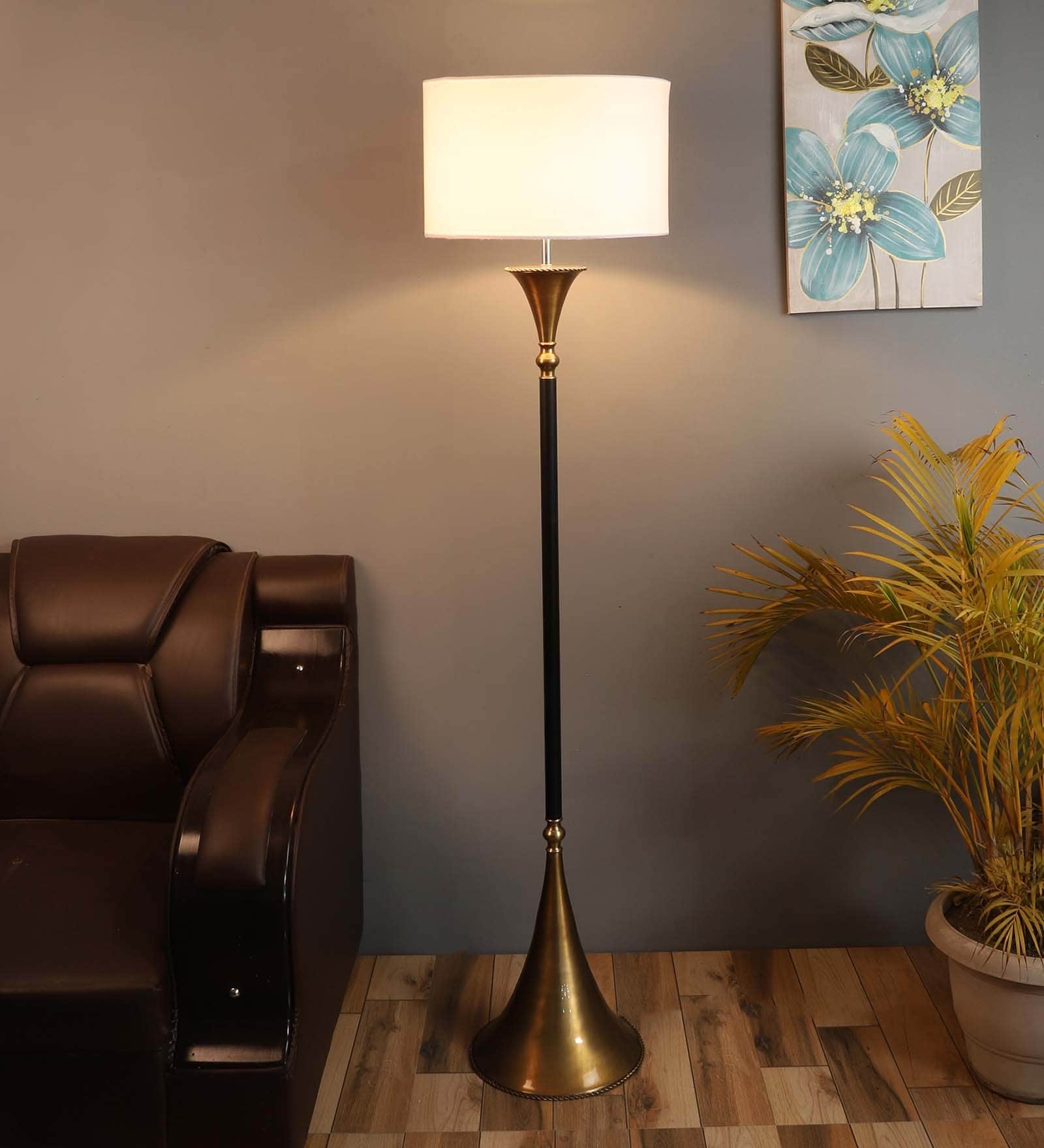 White Metal and Fabric Shade Club Floor Lamp With Metal Base