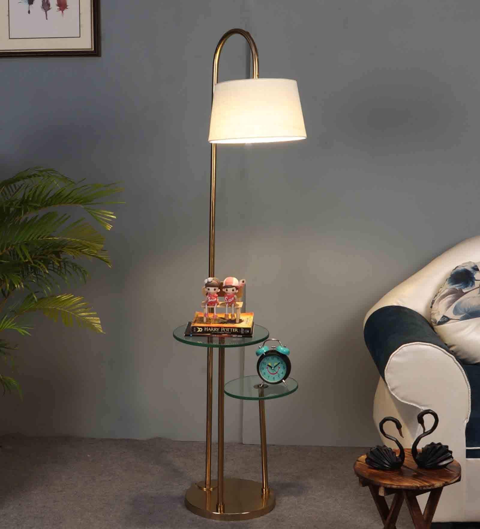White Iron & Cloth Shade Floor Lamp With Brass Base