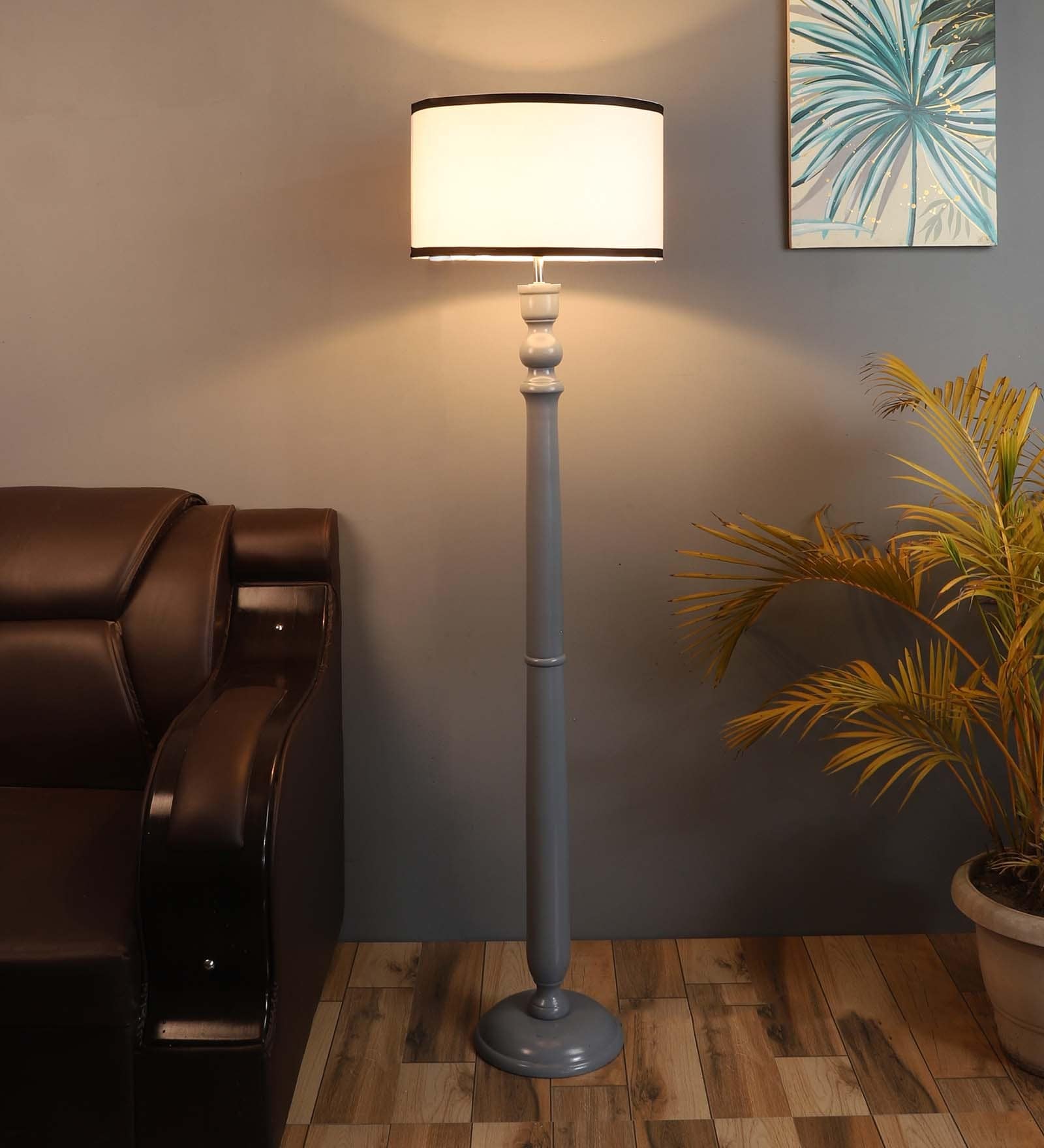 Confined White Metal and Fabric Shade Club Floor Lamp With Wood Base