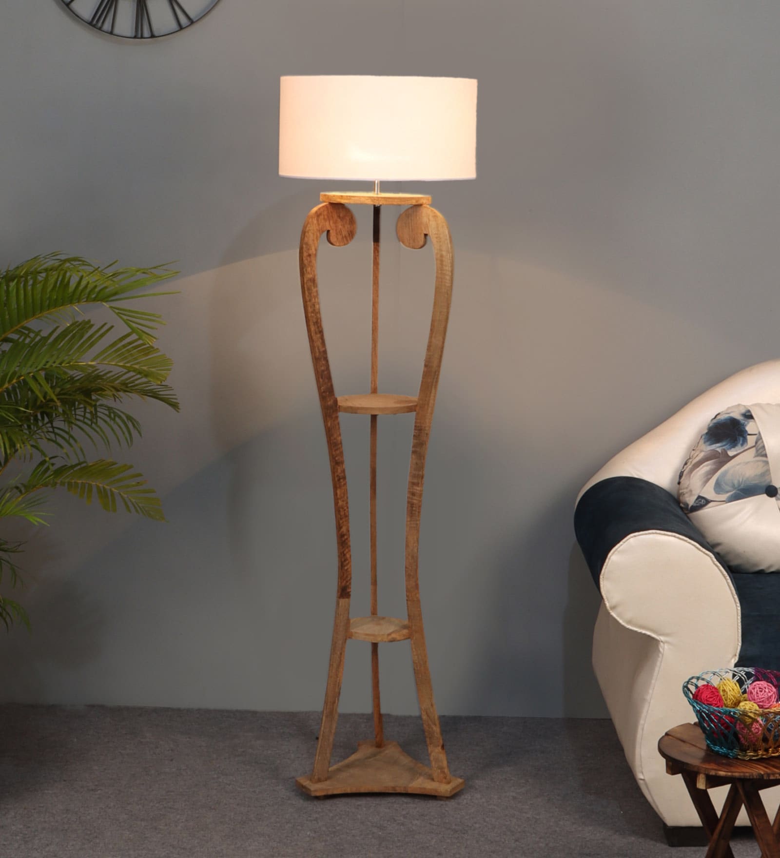 Venus White Cloth Shade Shelf Floor Lamp With Mango wood Base
