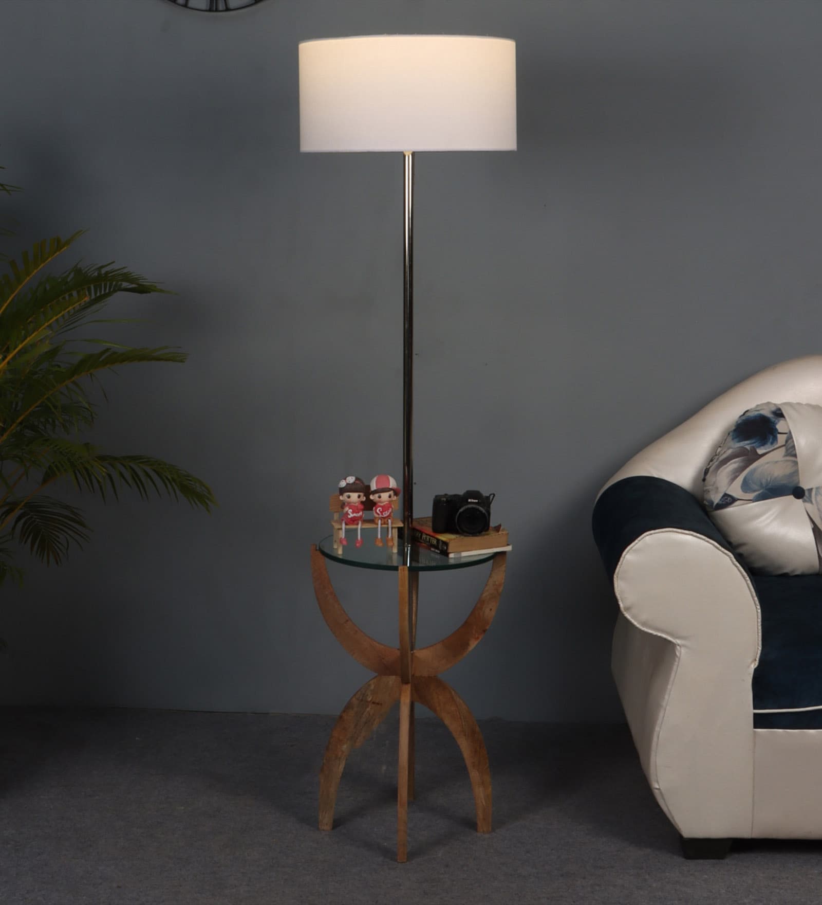 Gatsby White Cloth Shade Shelf Floor Lamp With Glass & Wood Base