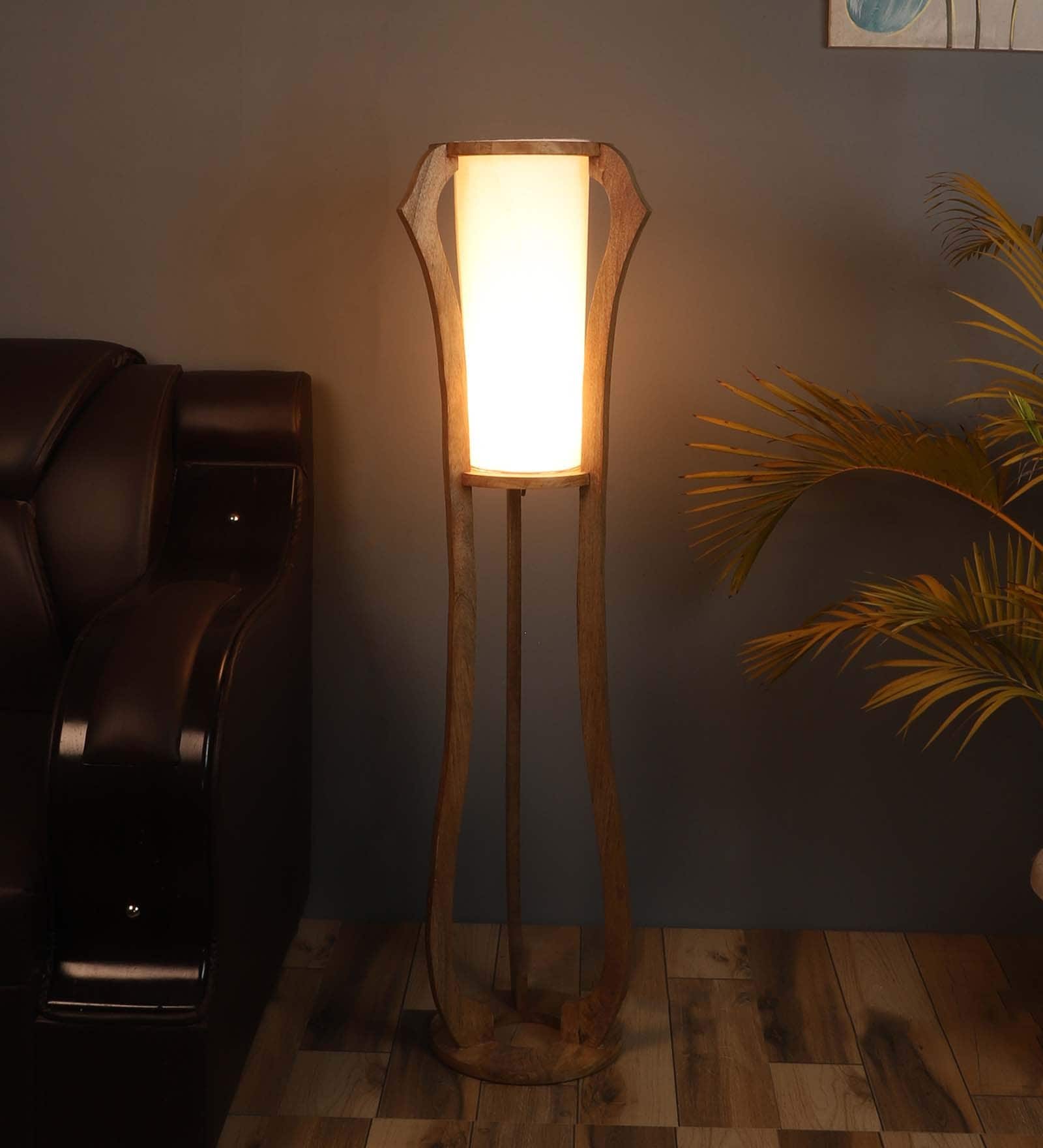White Cloth Shade Column Floor Lamp With Wood Base