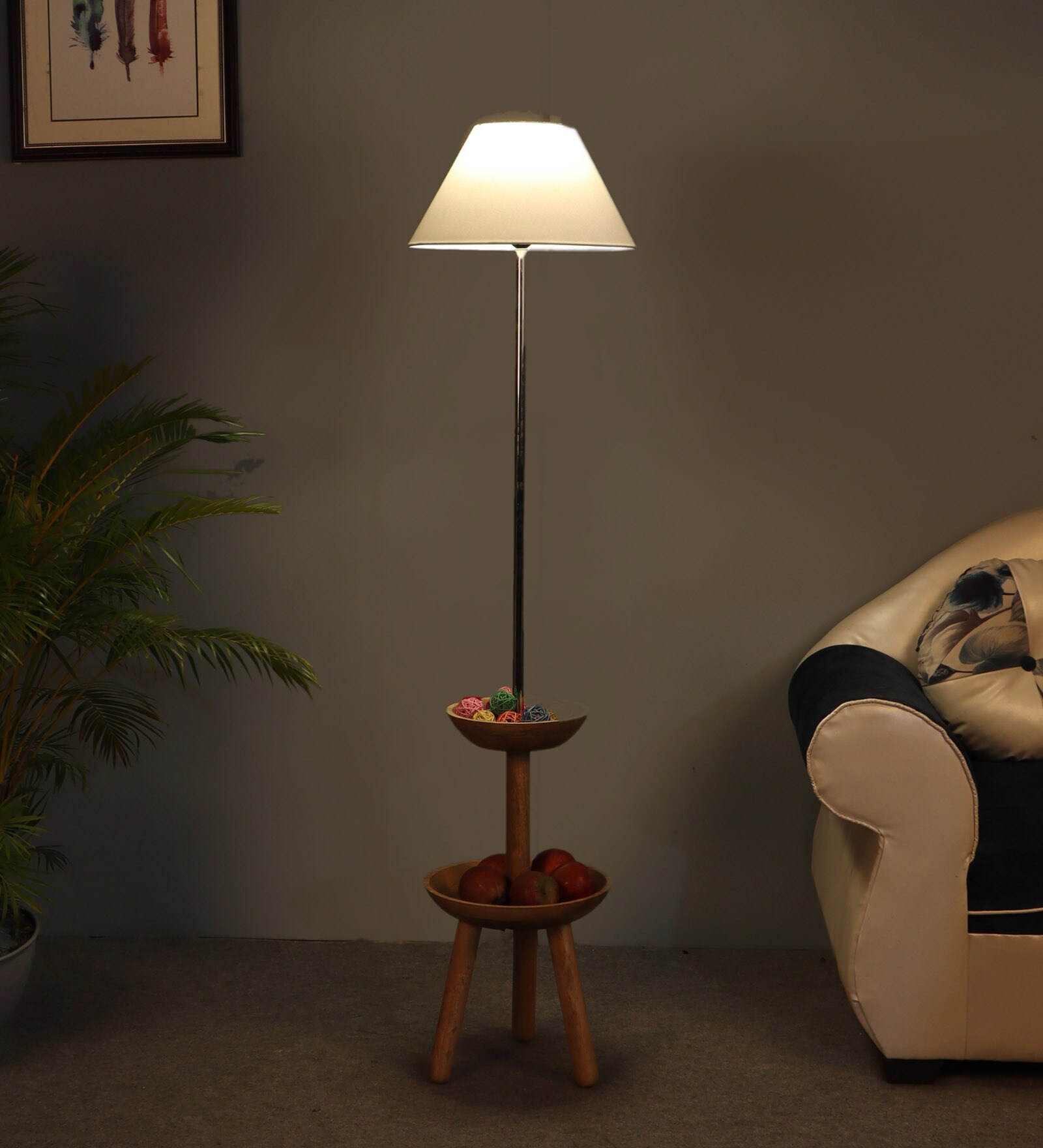White Iron & Cloth Shade Floor Lamp with Natural Base