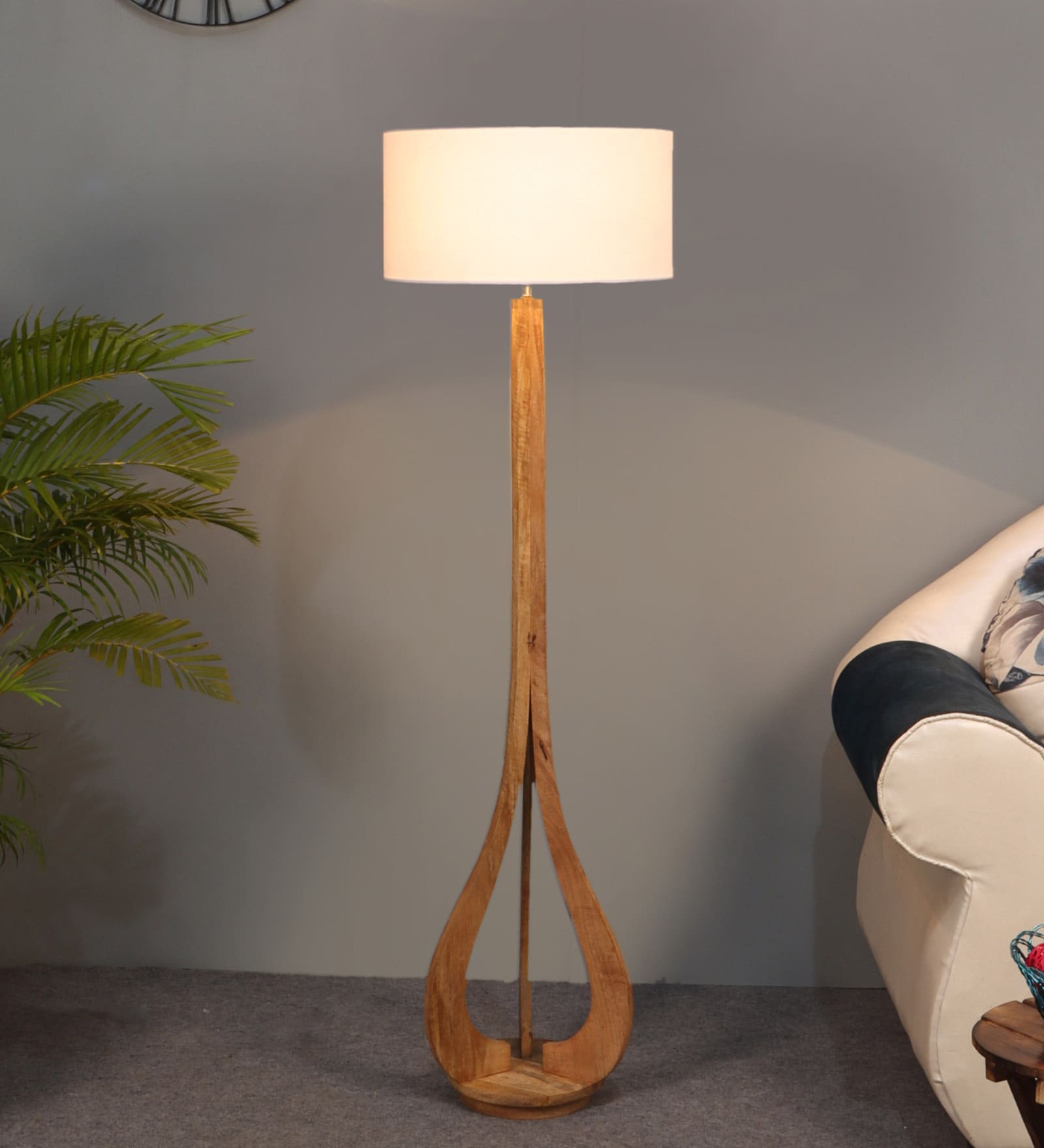 White Cloth Shade Club Floor Lamp With Mango wood Base