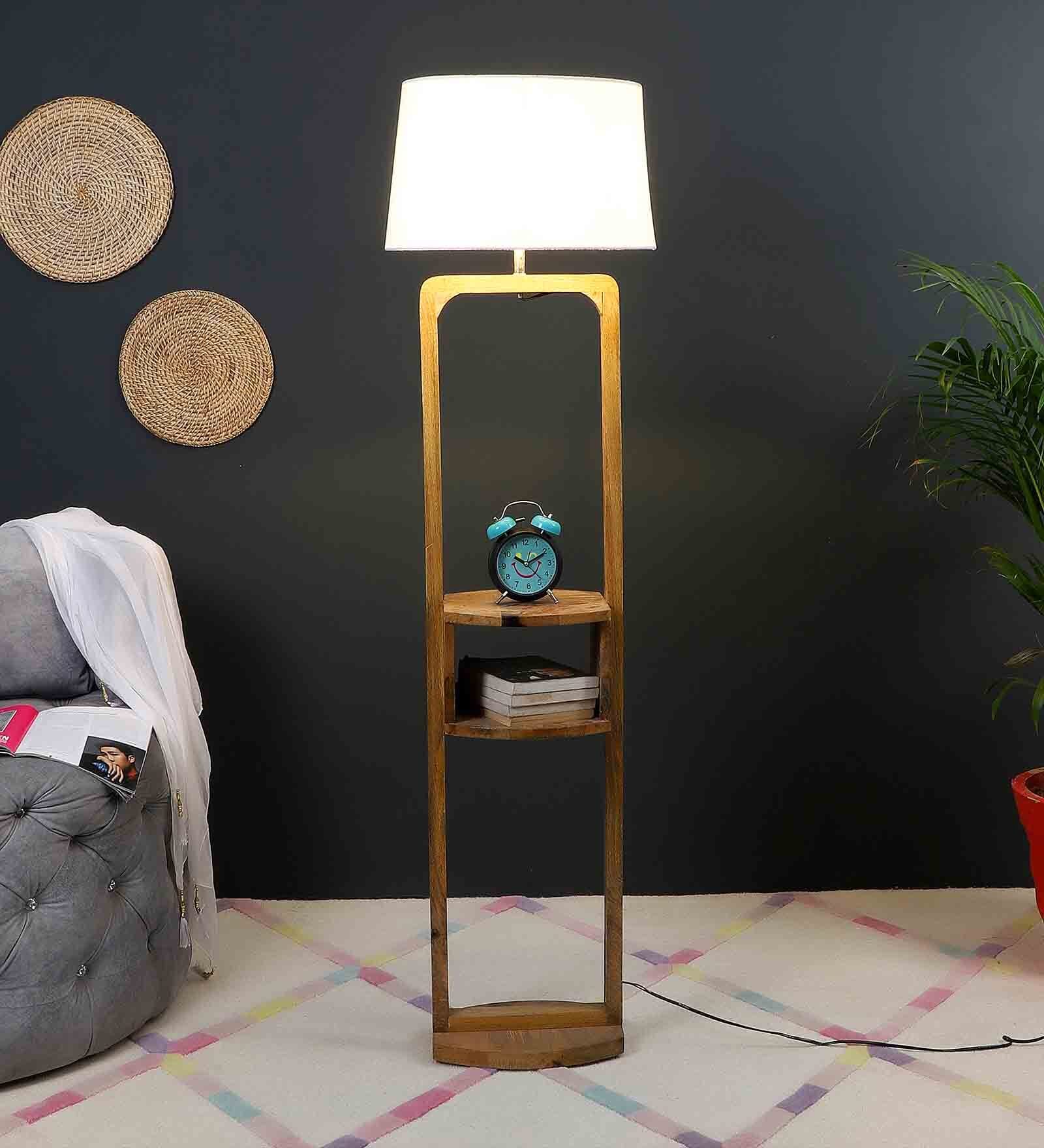 White Iron & Cloth Shade Shelf Floor Lamp With Wood Base