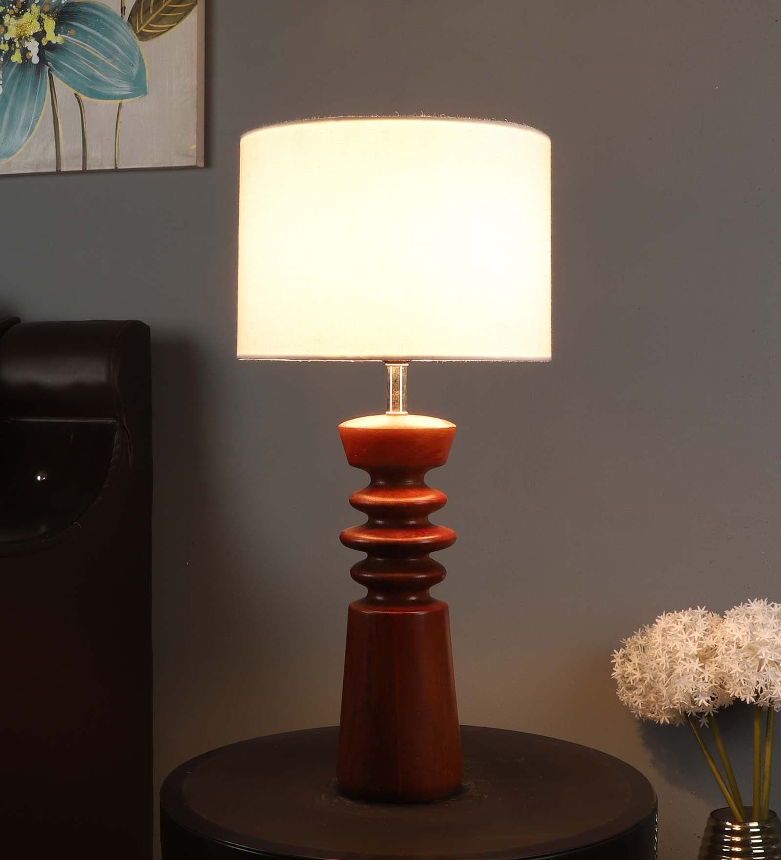 White Iron & Cloth Shade Table Lamp With Brown Base