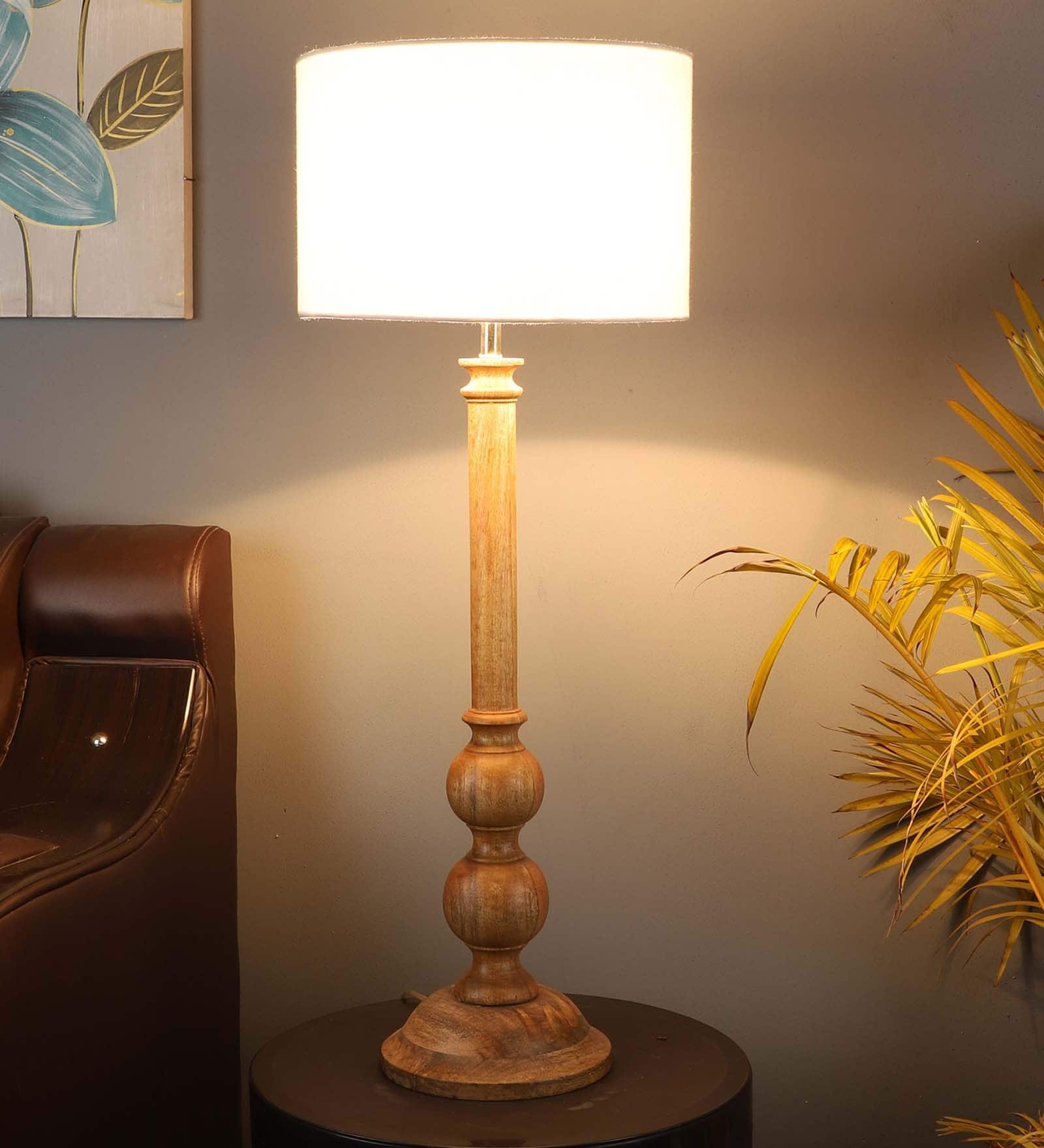 White Iron & Cloth Shade Table Lamp with Natural Base