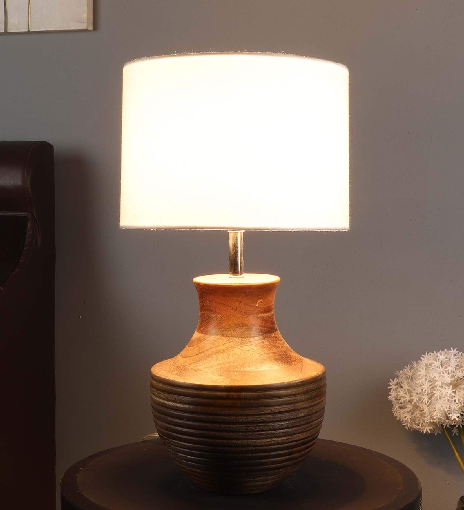 White Iron & Cloth Shade Table Lamp With Natural Base