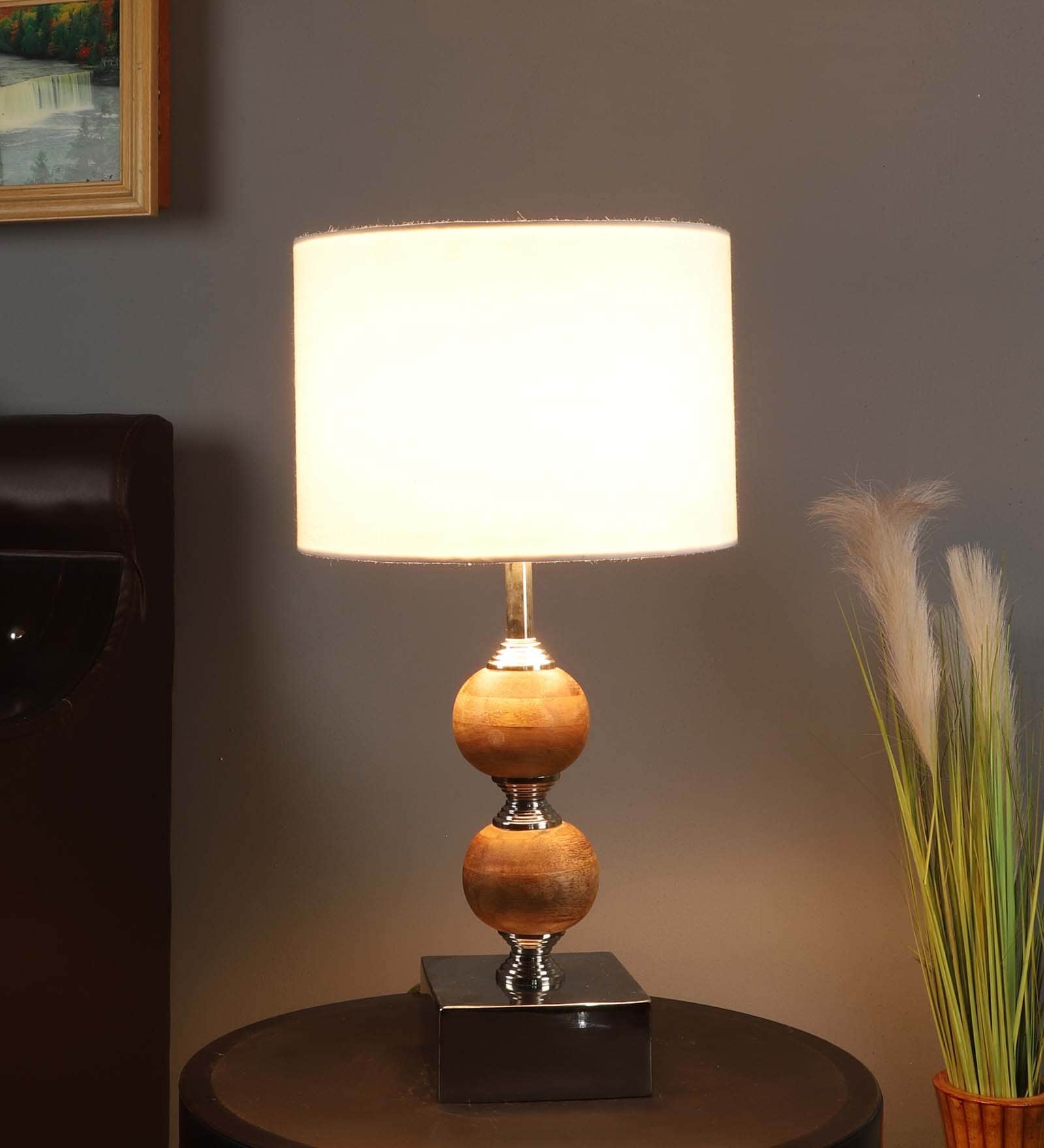 White Iron & Cloth Shade Table Lamp with Natural Base