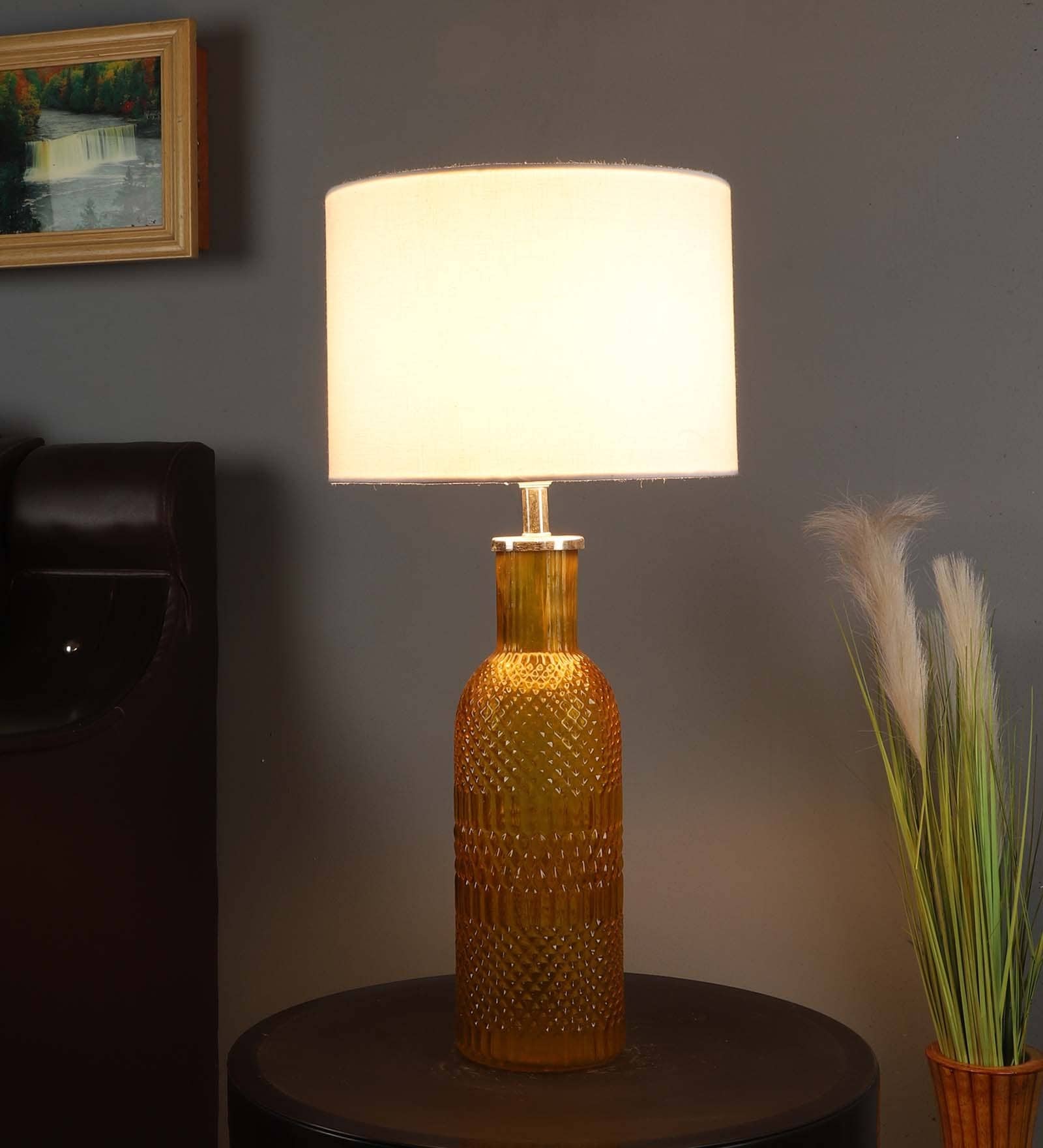 White Iron & Cloth Shade Table Lamp With Orange Base