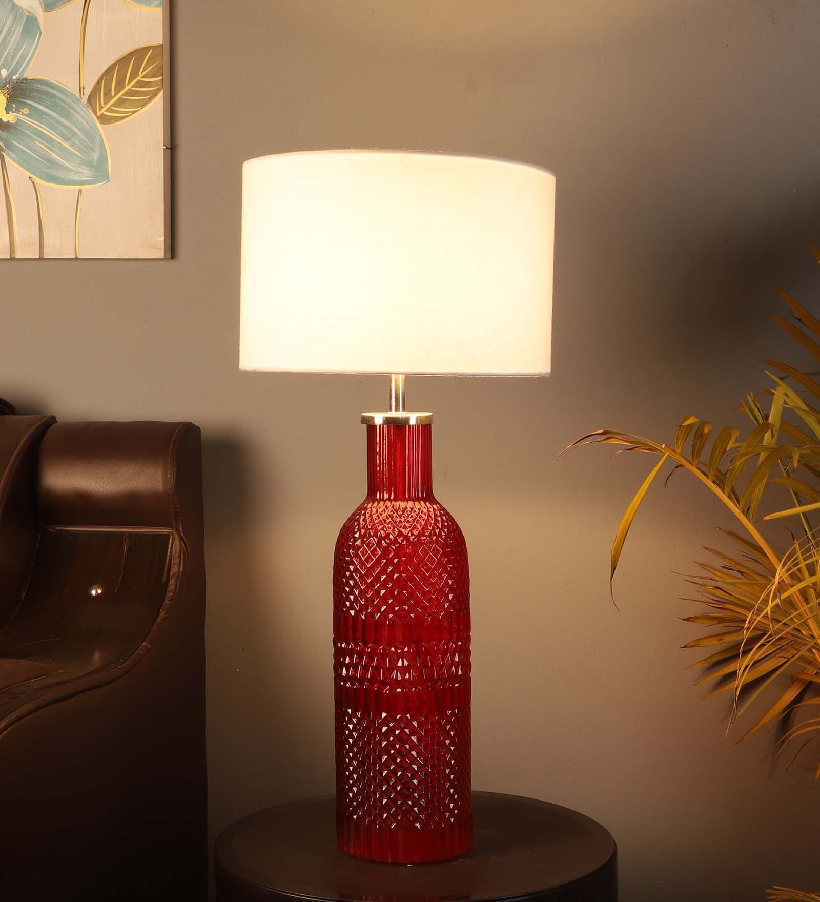 White Iron & Cloth Shade Table Lamp with Red Base