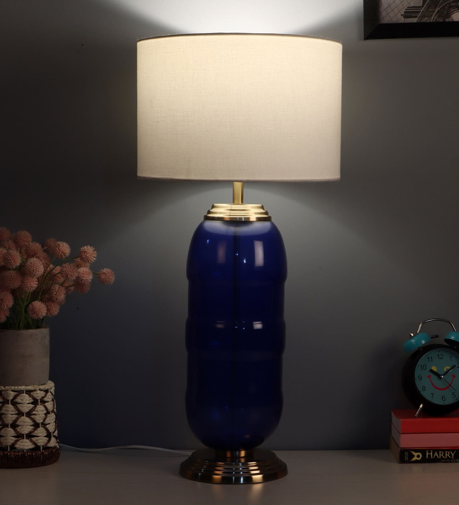 Mabel White Cloth Shade Night Lamp With Glass Base